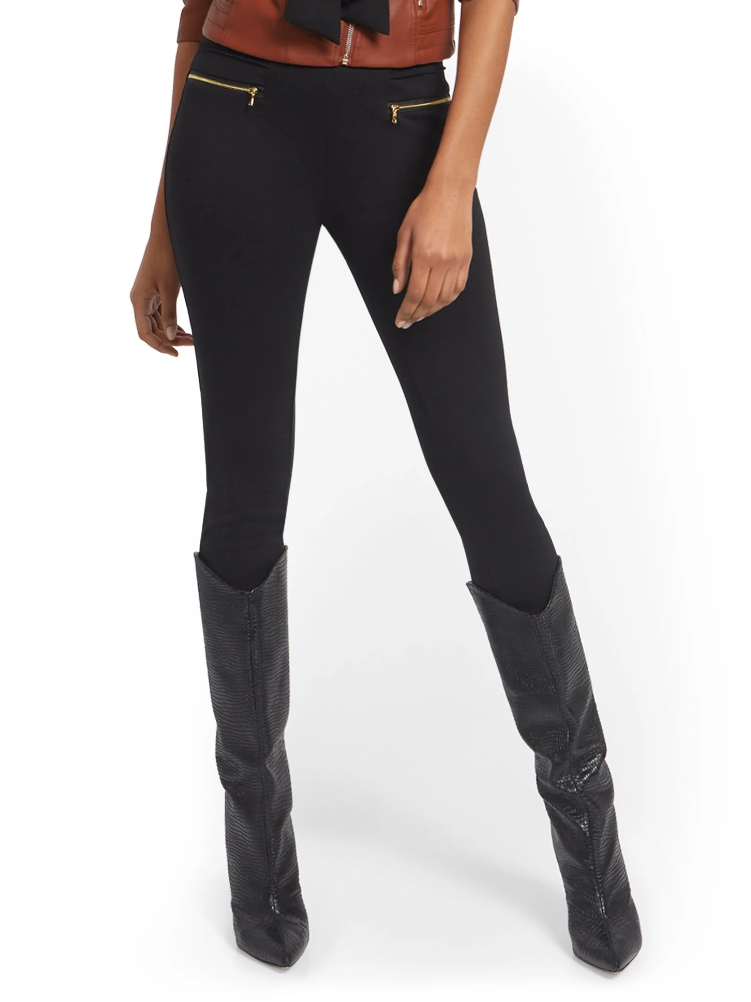 Carrie High-Waisted Zip-Accent Pull-On Pant
