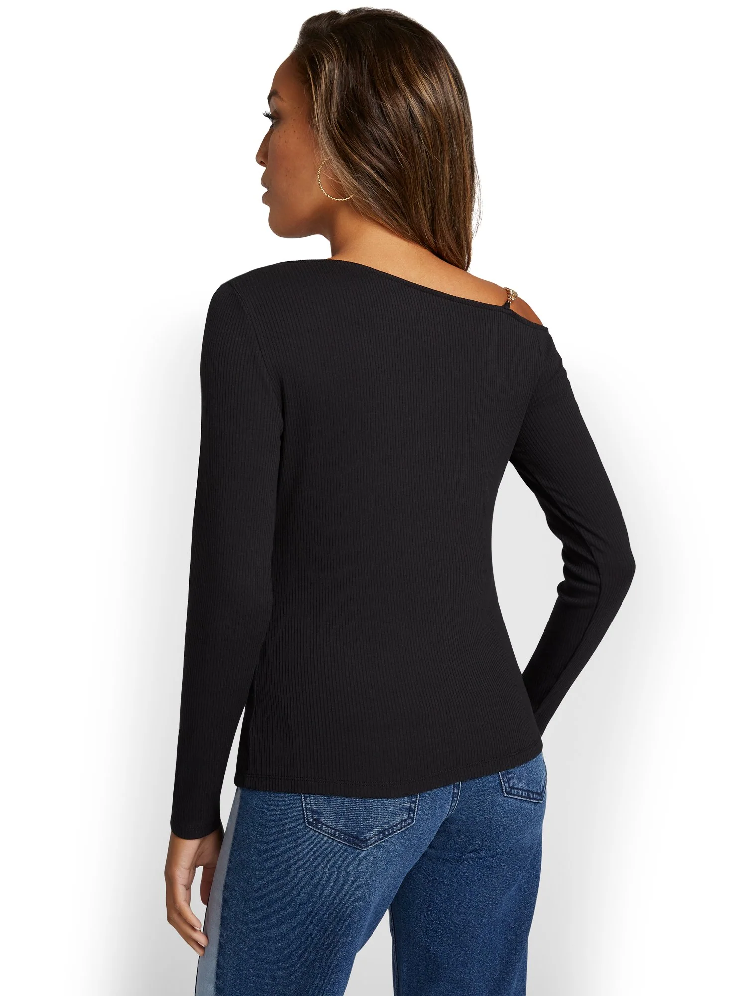 Chain-Accent Ribbed Cold-Shoulder Top - Image 3
