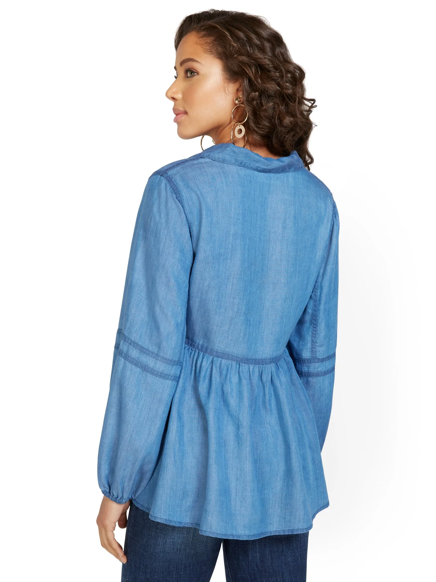 Chambray Balloon-Sleeve Peplum Top - Image 3