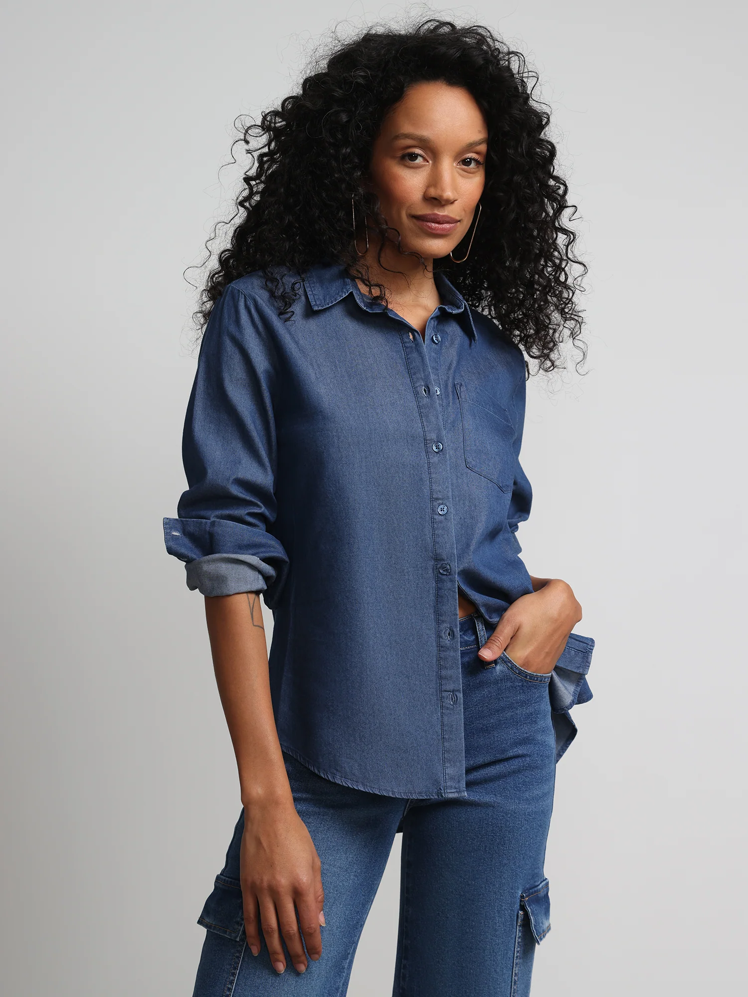 Chambray Boyfriend Button-Front Secret Snap - NY&C Madison Shirt®