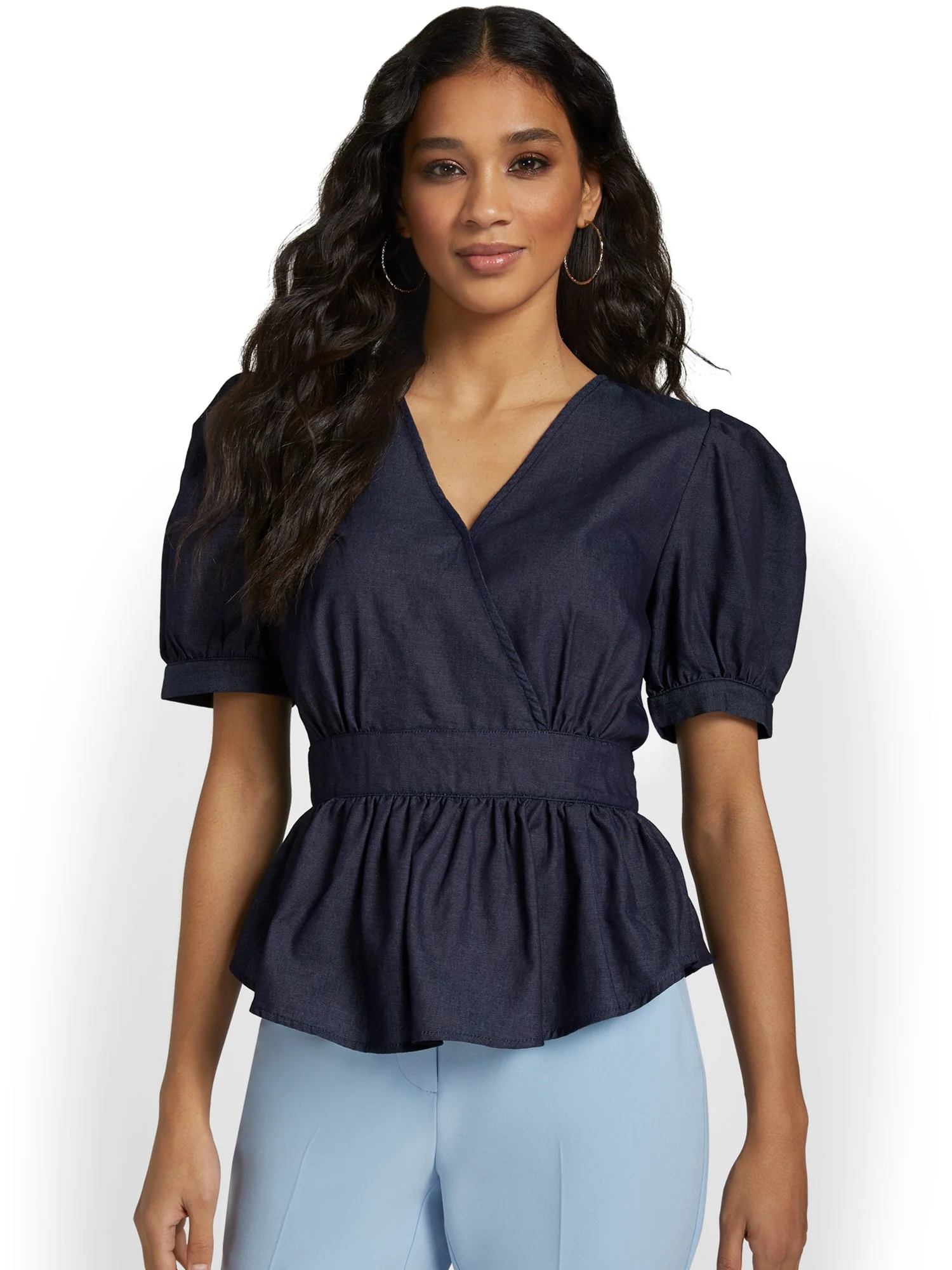 Chambray Puff-Sleeve Peplum Top - Image 2