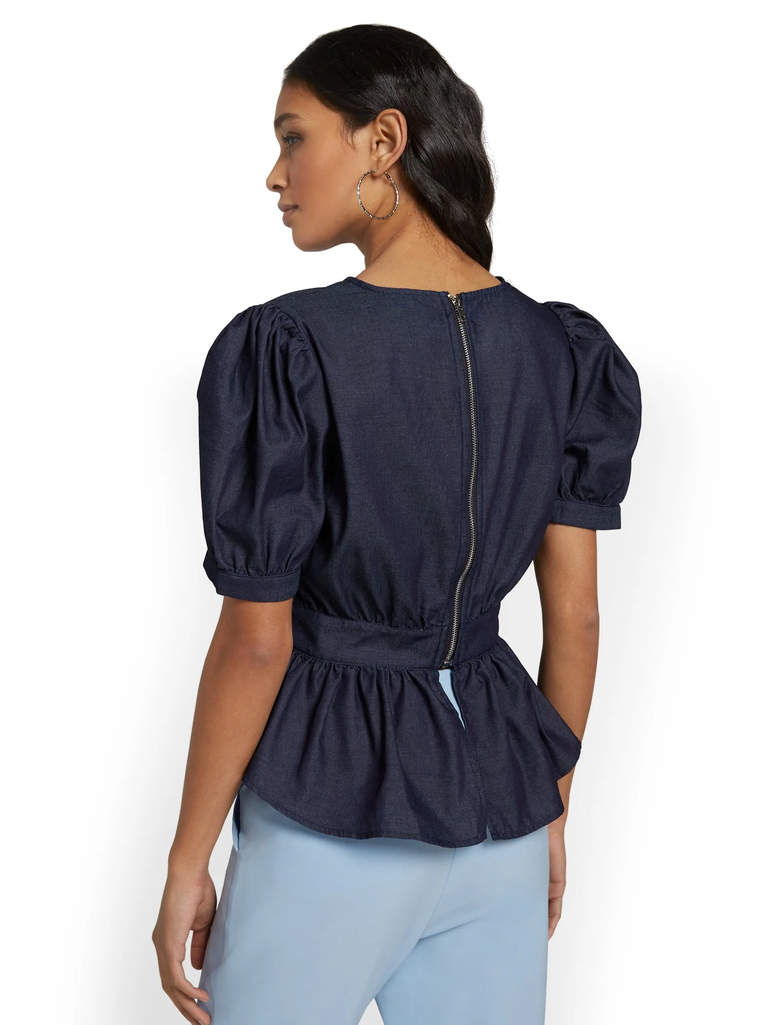 Chambray Puff-Sleeve Peplum Top - Image 3