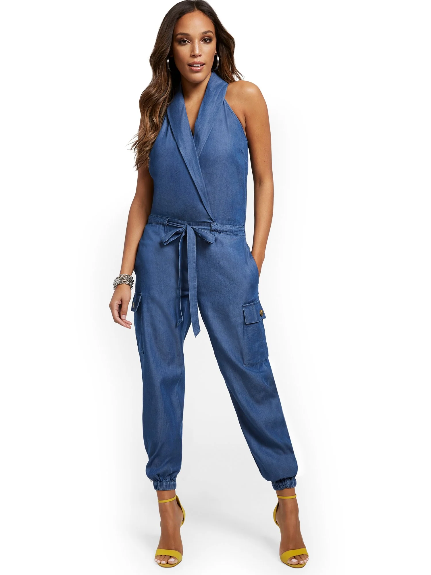 Chambray Shawl-Collar Tie-Front Jumpsuit - Image 2