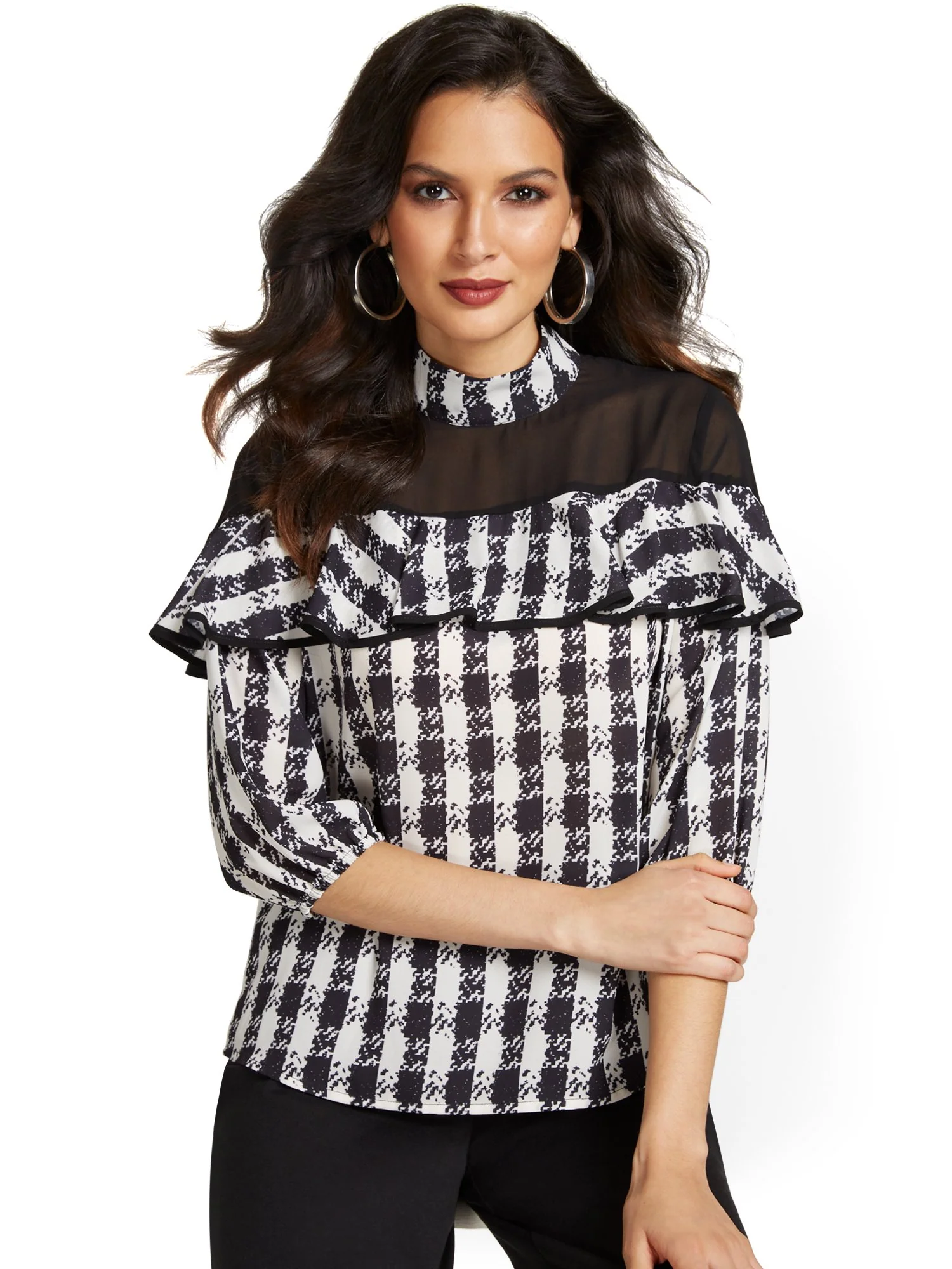 Checker-Print Ruffle Blouse