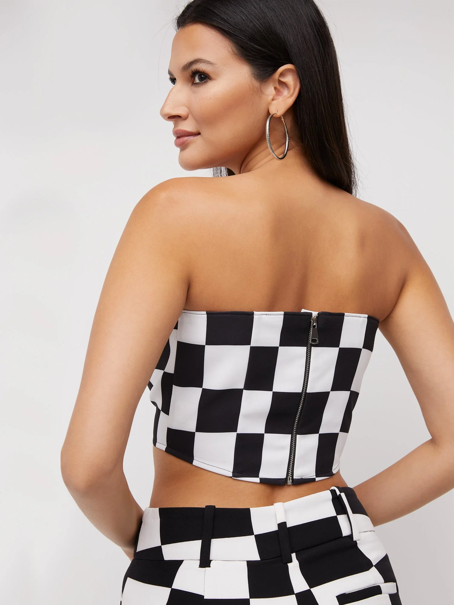Checker-Print Strapless Corset Blouse - Image 3