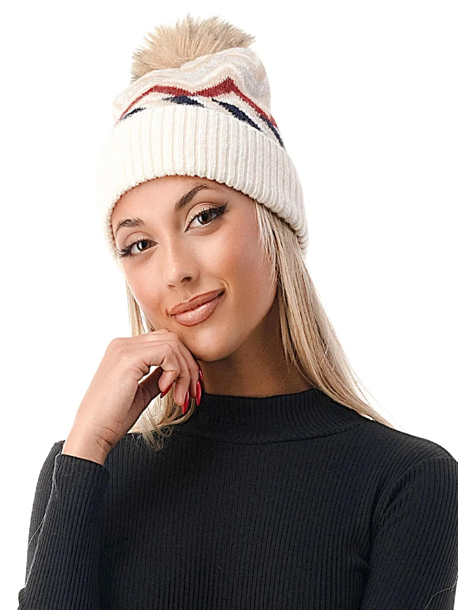 Chevron Faux Fur Pom Beanie - Marcus Adler - Image 2