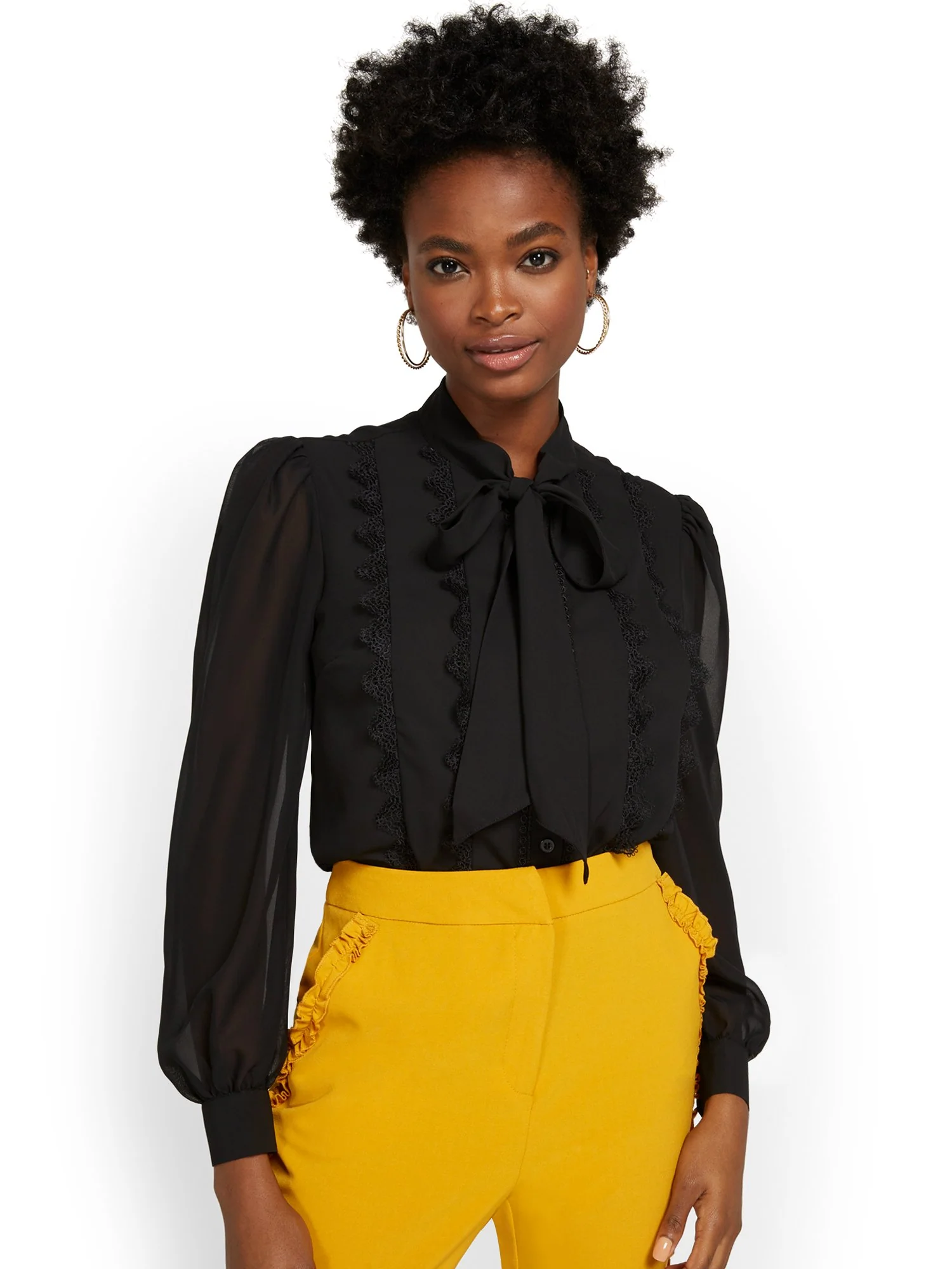 Chiffon-Sleeve Bow-Neck Blouse - Image 2