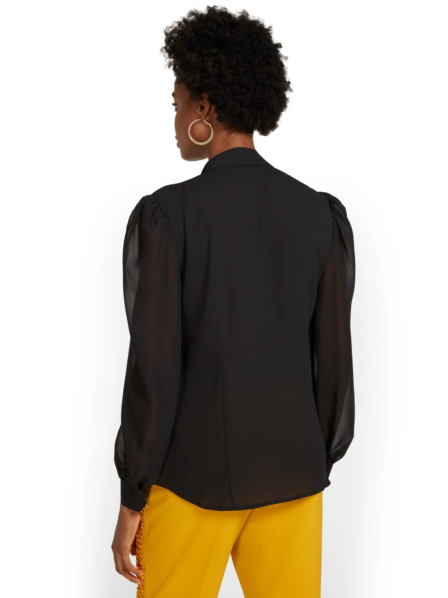 Chiffon-Sleeve Bow-Neck Blouse - Image 3