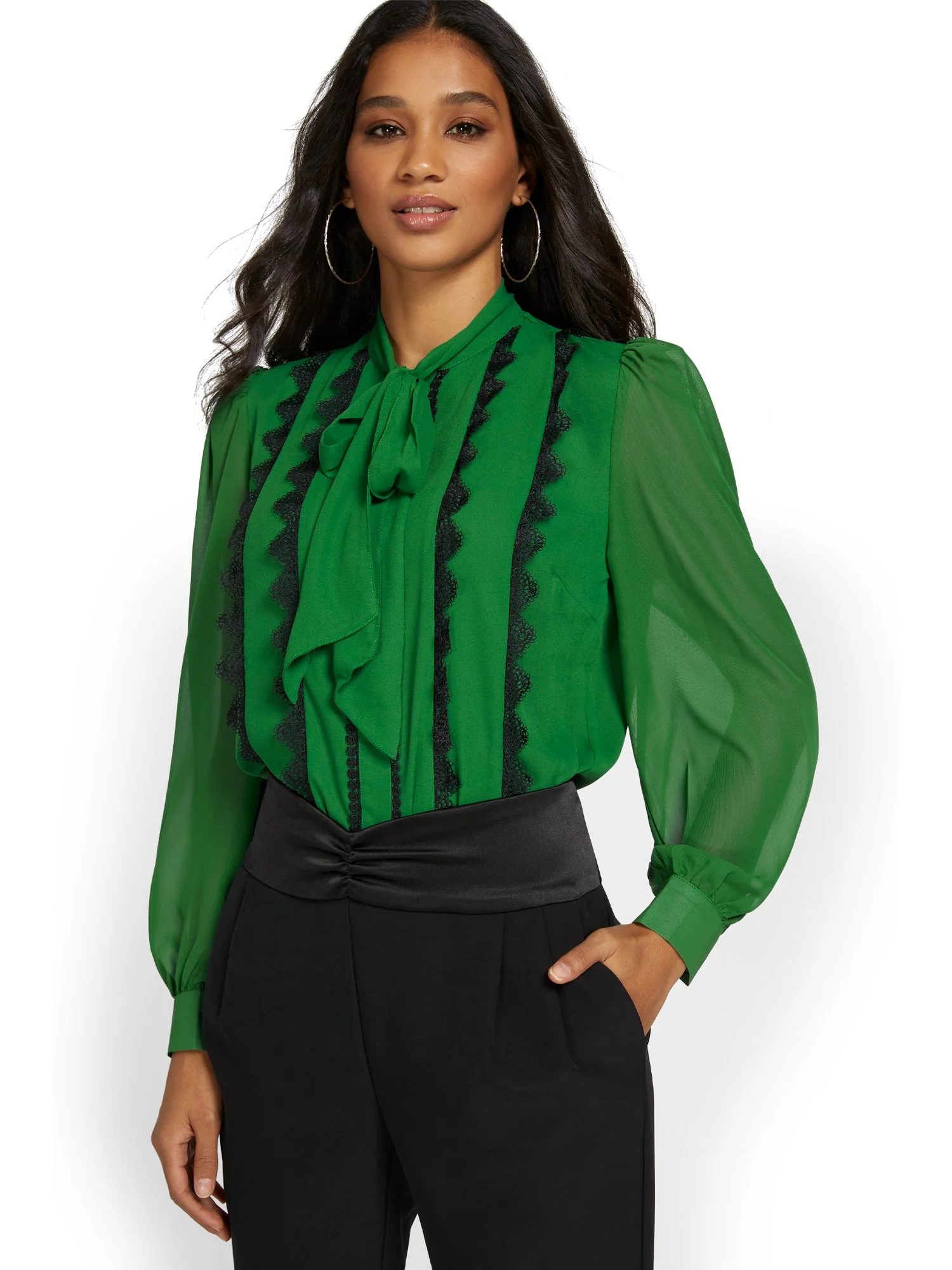 Chiffon-Sleeve Bow-Neck Blouse - Image 5