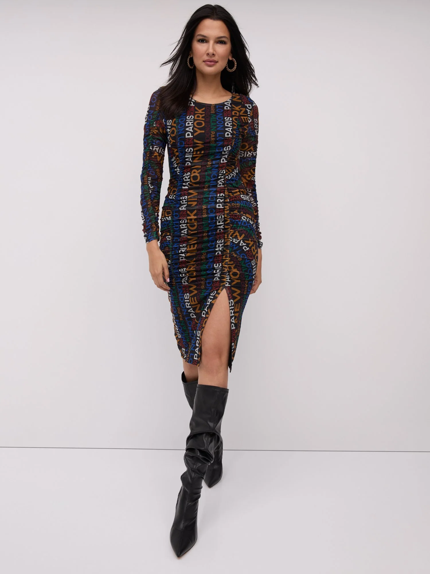 City-Print Mesh-Inset Dress