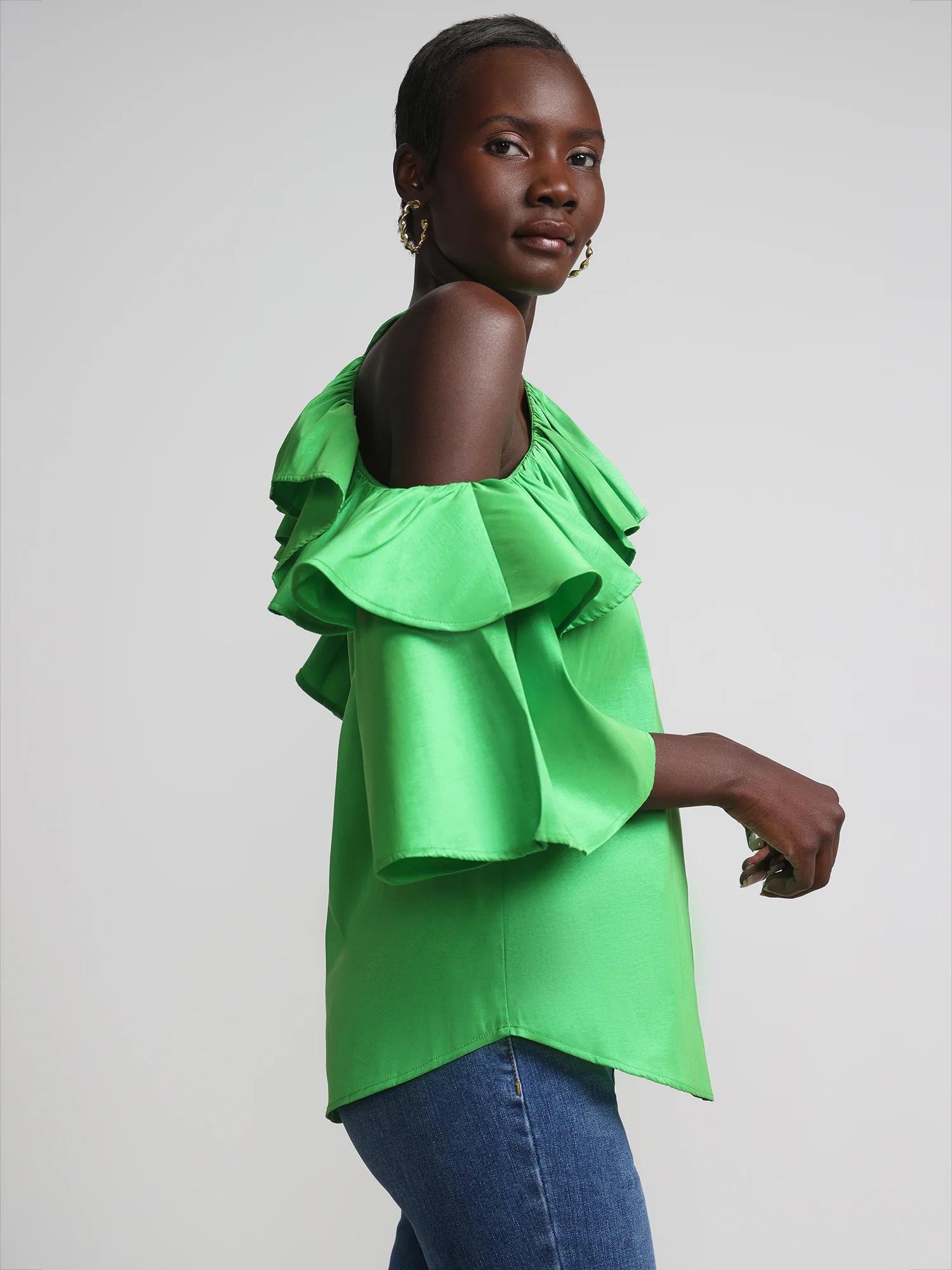 Cold Shoulder Halter Neck Ruffle Taffeta Blouse - Image 2