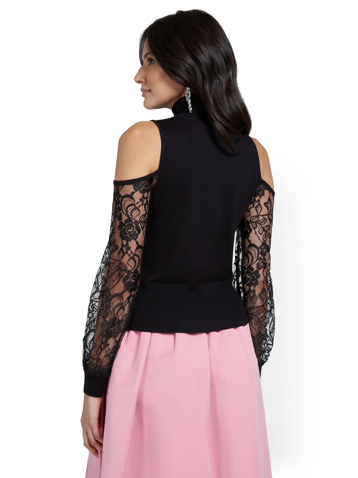 Cold-Shoulder Lace-Sleeve Turtleneck Sweater - Image 3