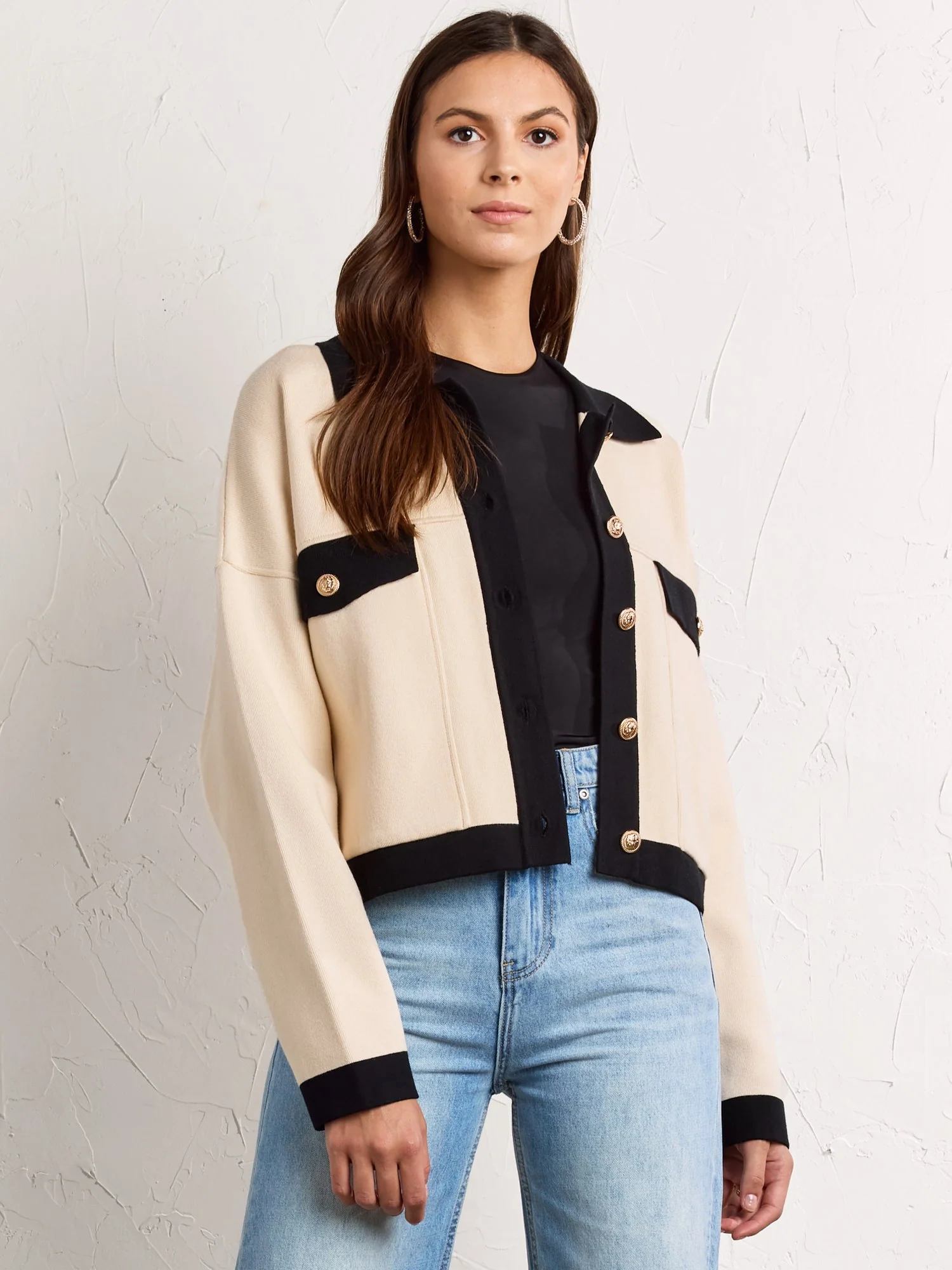Aaron & Amber Collared Contrast Trim Knit Jacket - Brands We Love - Image 2