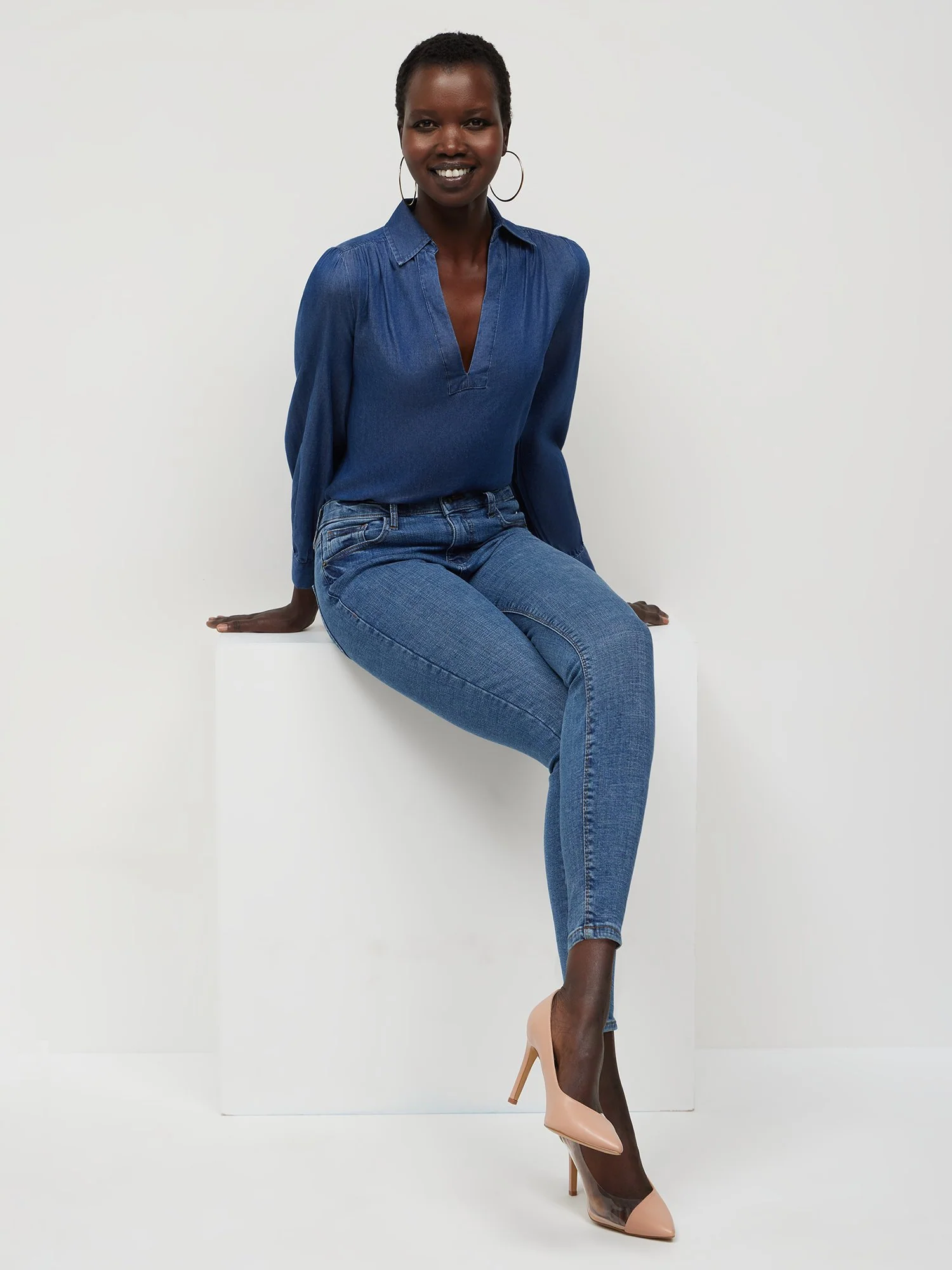 Collared V-Neck Denim Top