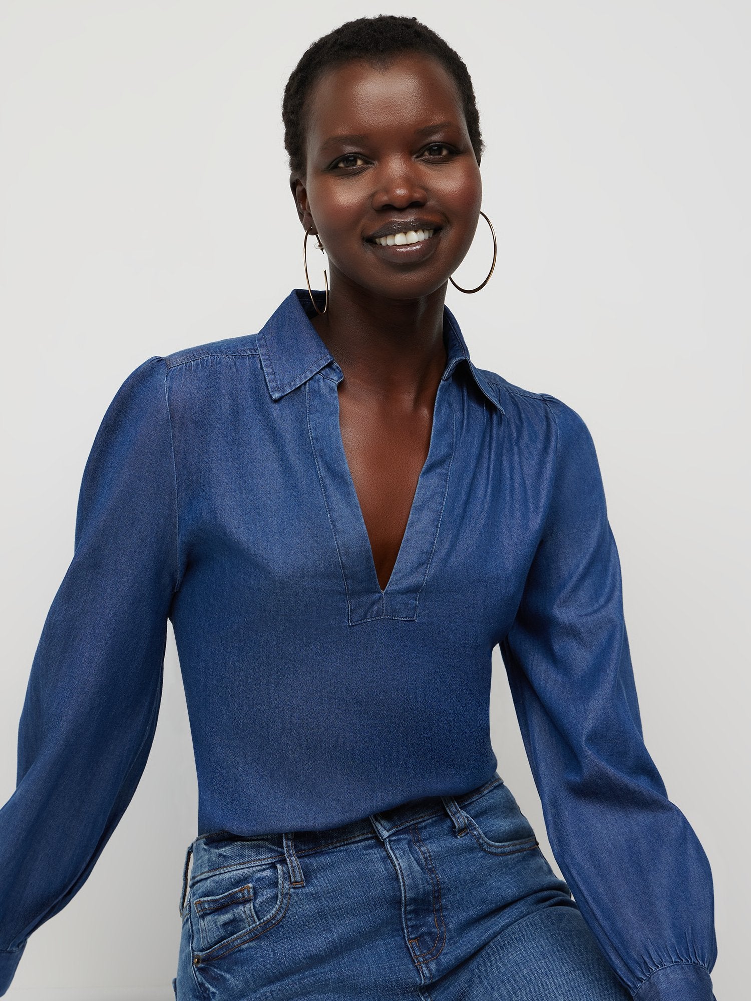 Collared V-Neck Denim Top - Image 3