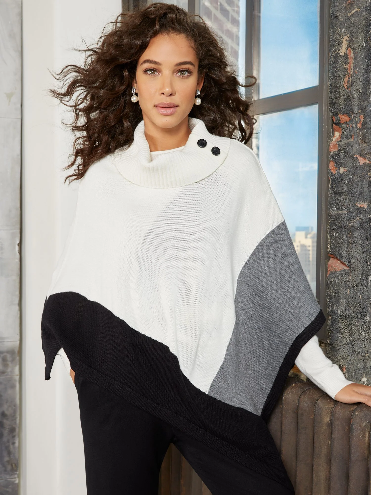 Colorblock Cable-Knit Button-Detail Cape - Image 2