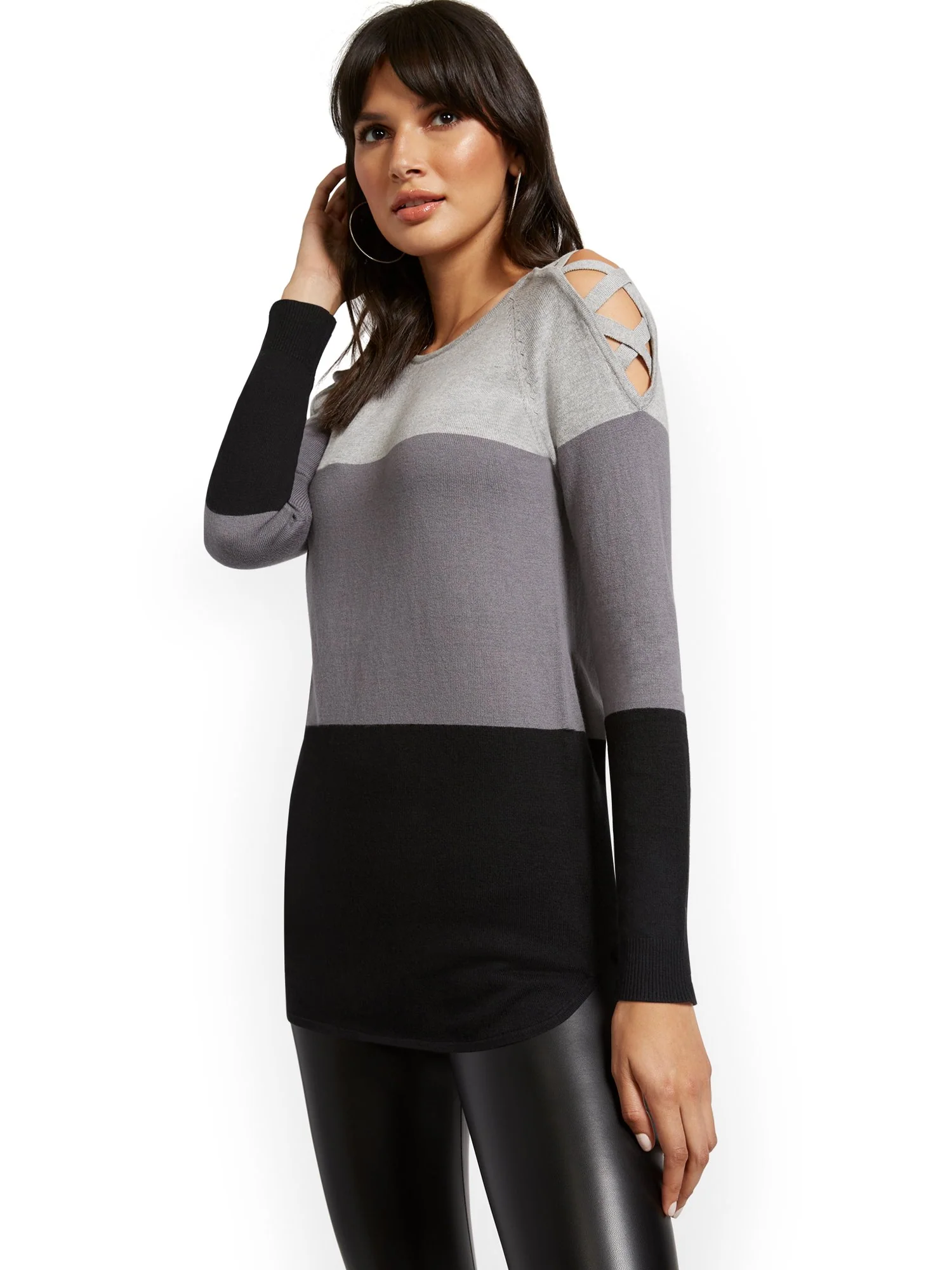 Colorblock Crisscross Hi-Lo Tunic Sweater - Image 2