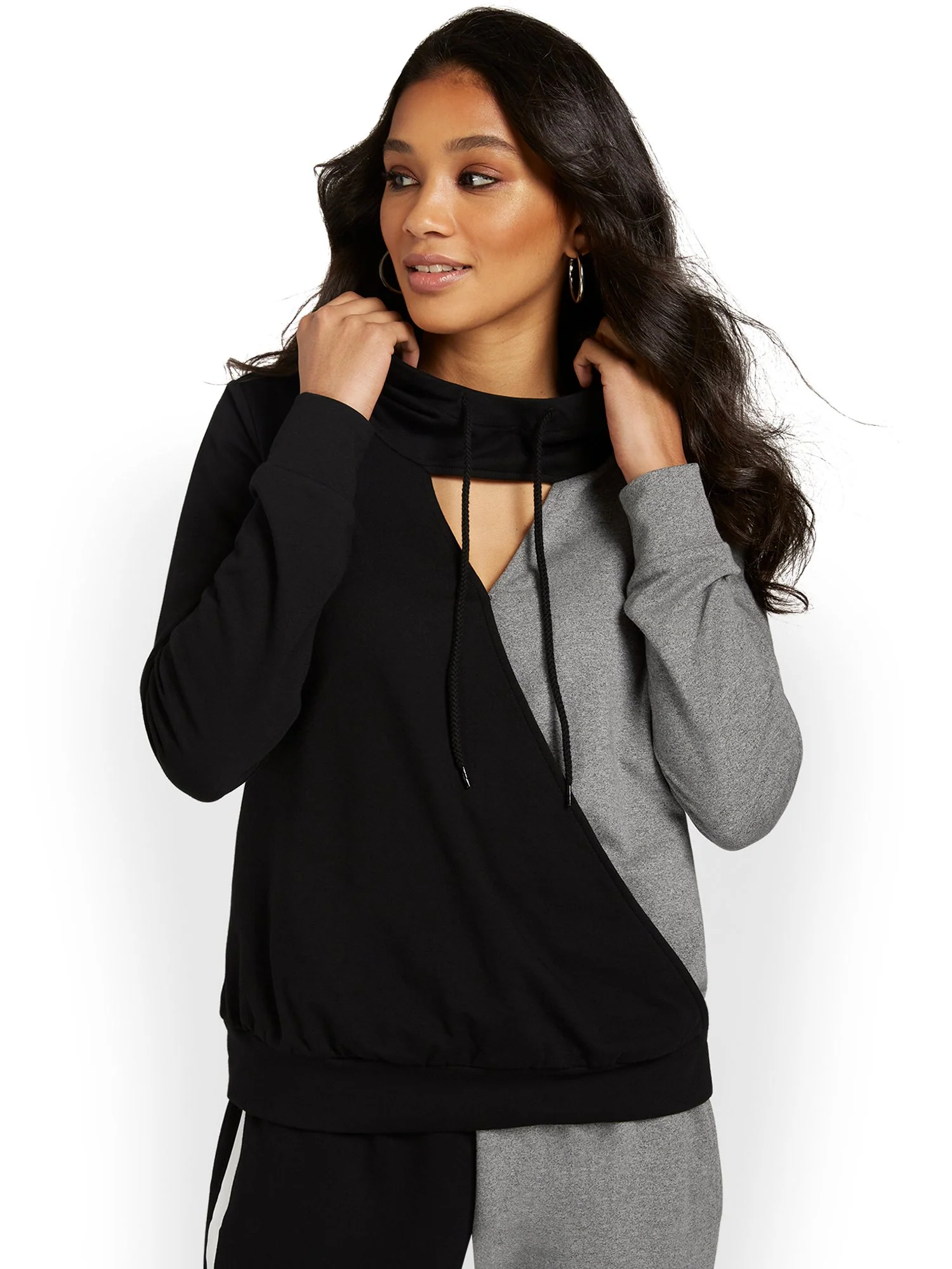 Colorblock Cut-Out French Terry Hoodie - Black & Grey - Image 2