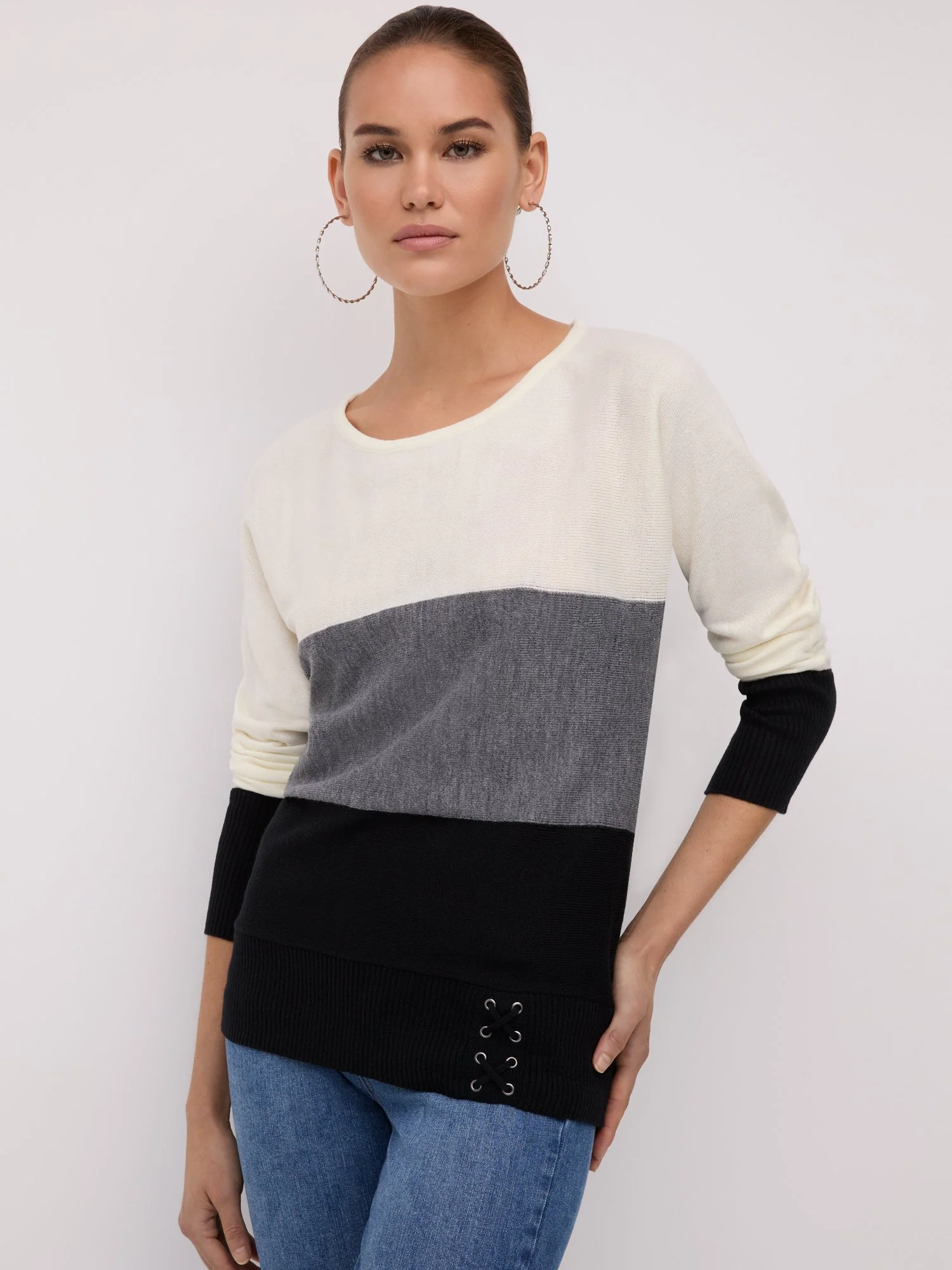 Colorblock Lace-Up Waist Dolman Sweater - Image 2