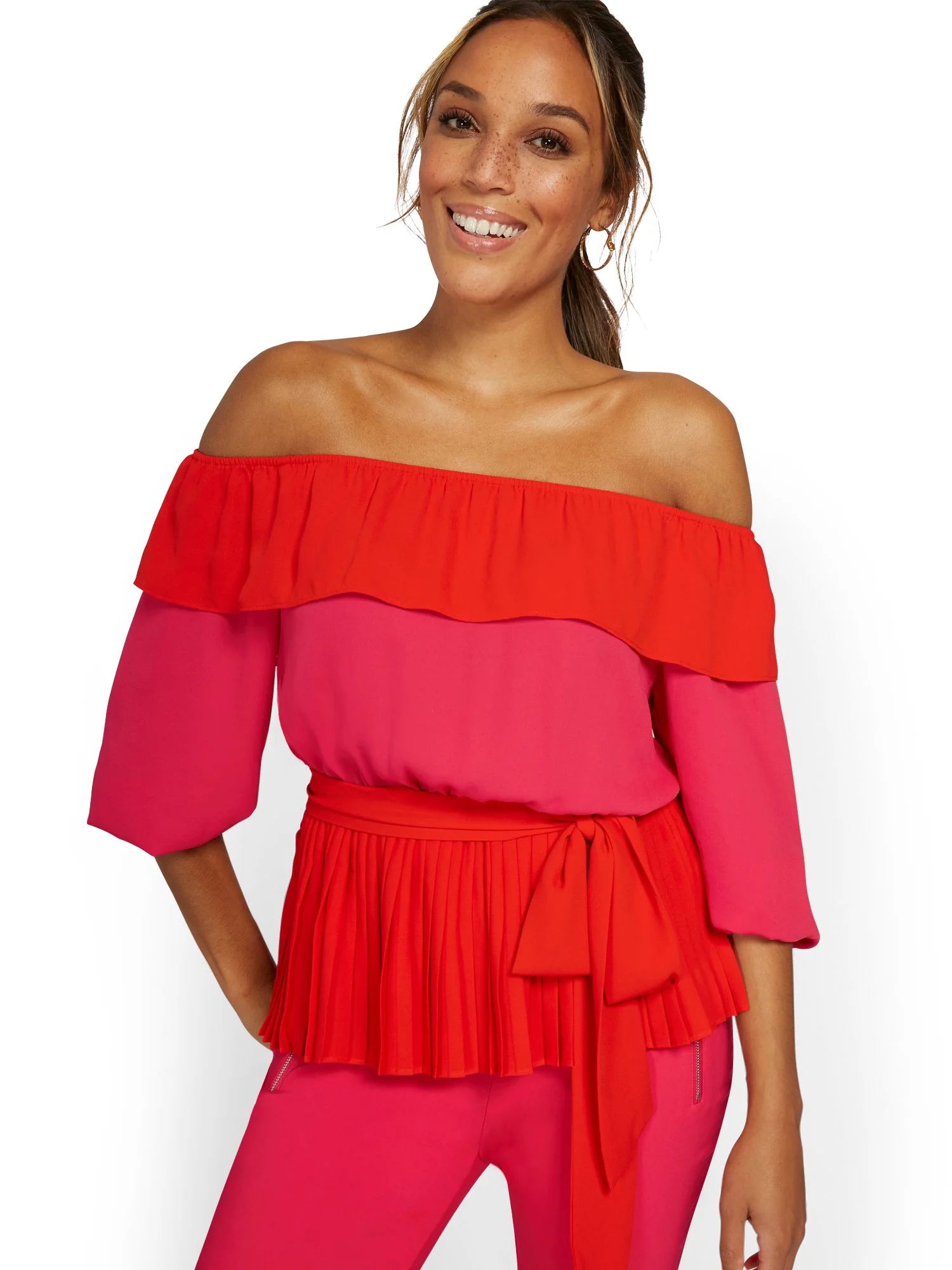 Colorblock Off-The-Shoulder Tie-Waist Blouse - Image 2