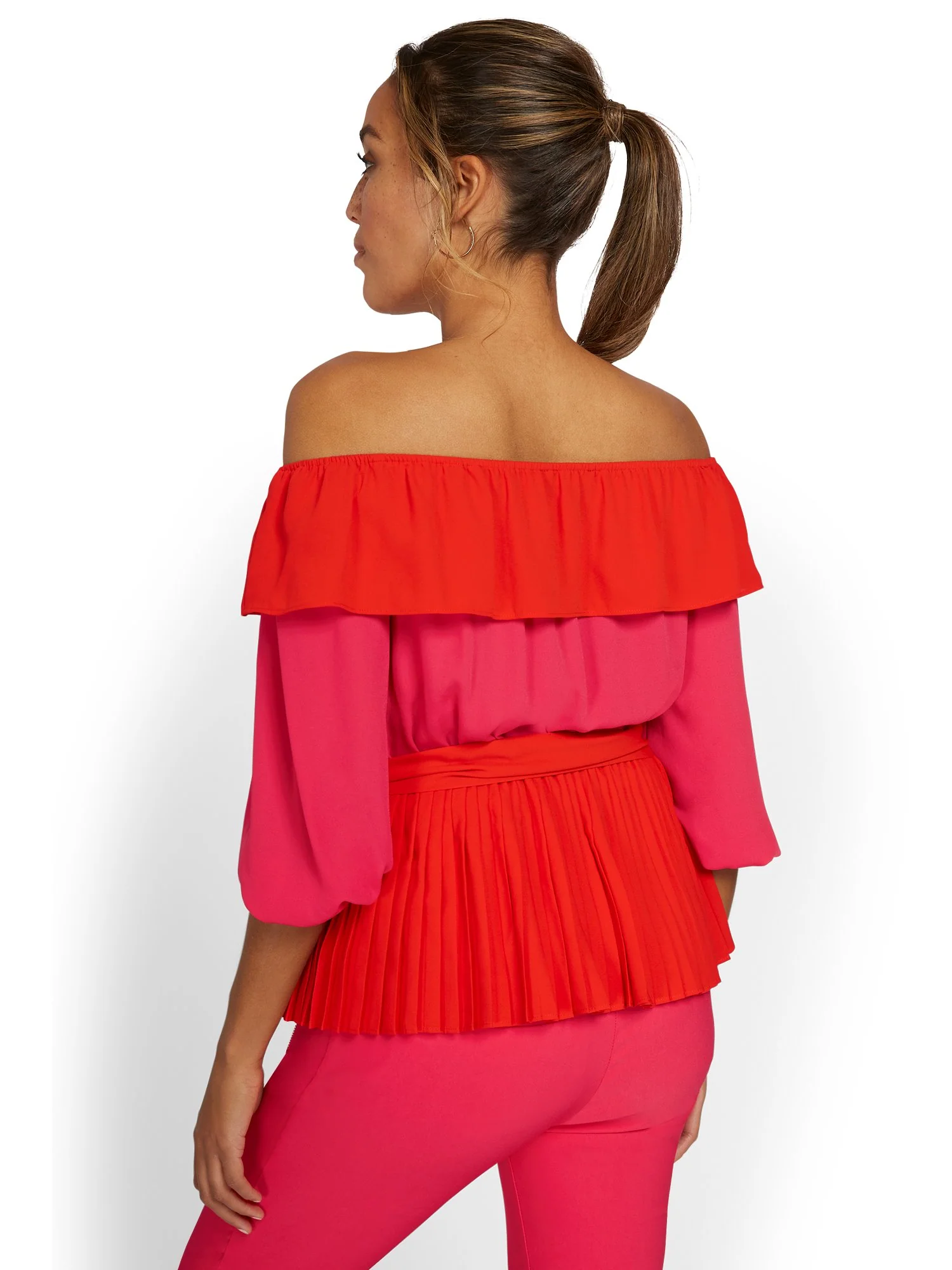 Colorblock Off-The-Shoulder Tie-Waist Blouse - Image 3