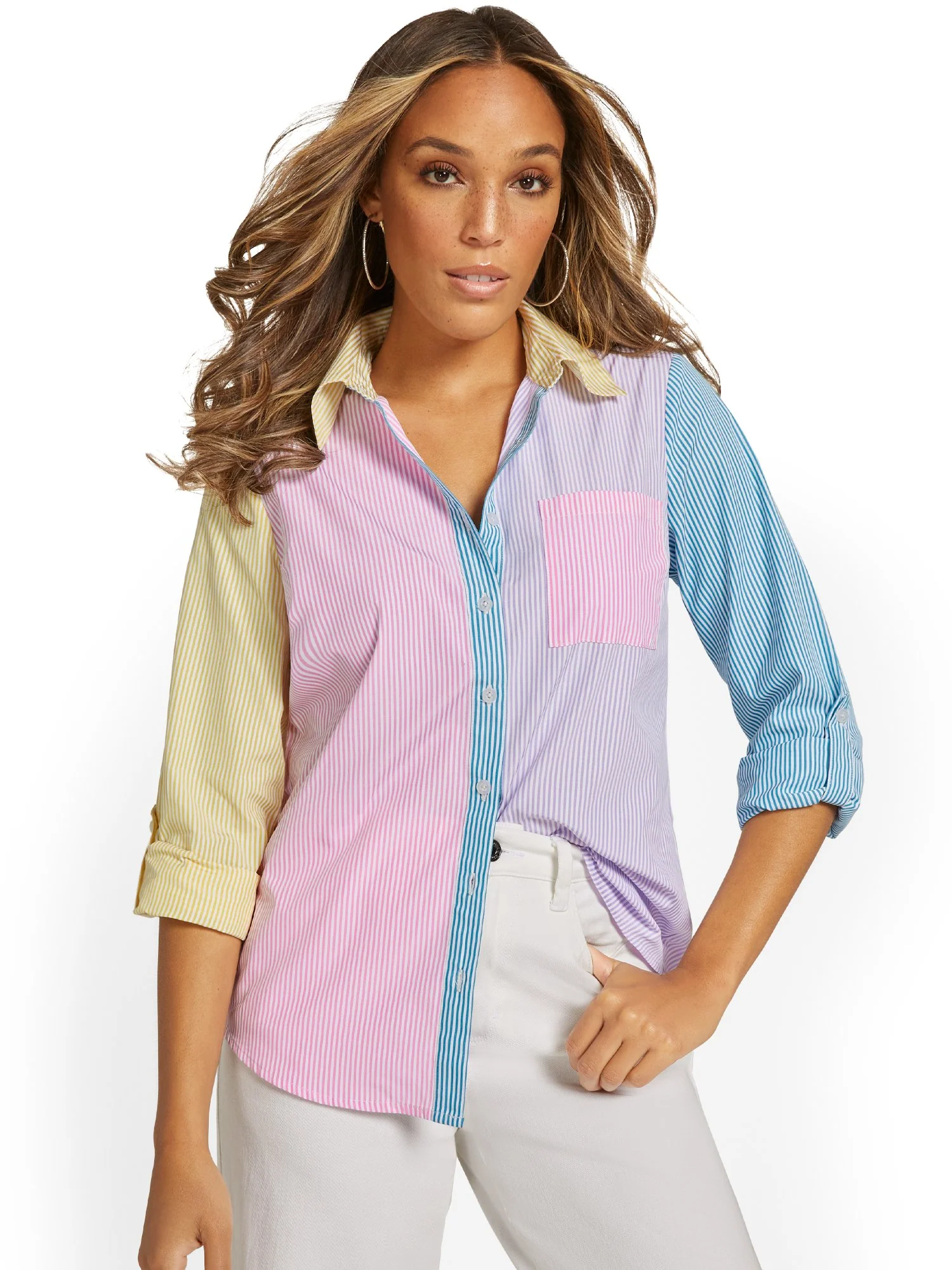 Colorblock Striped Button-Front Shirt