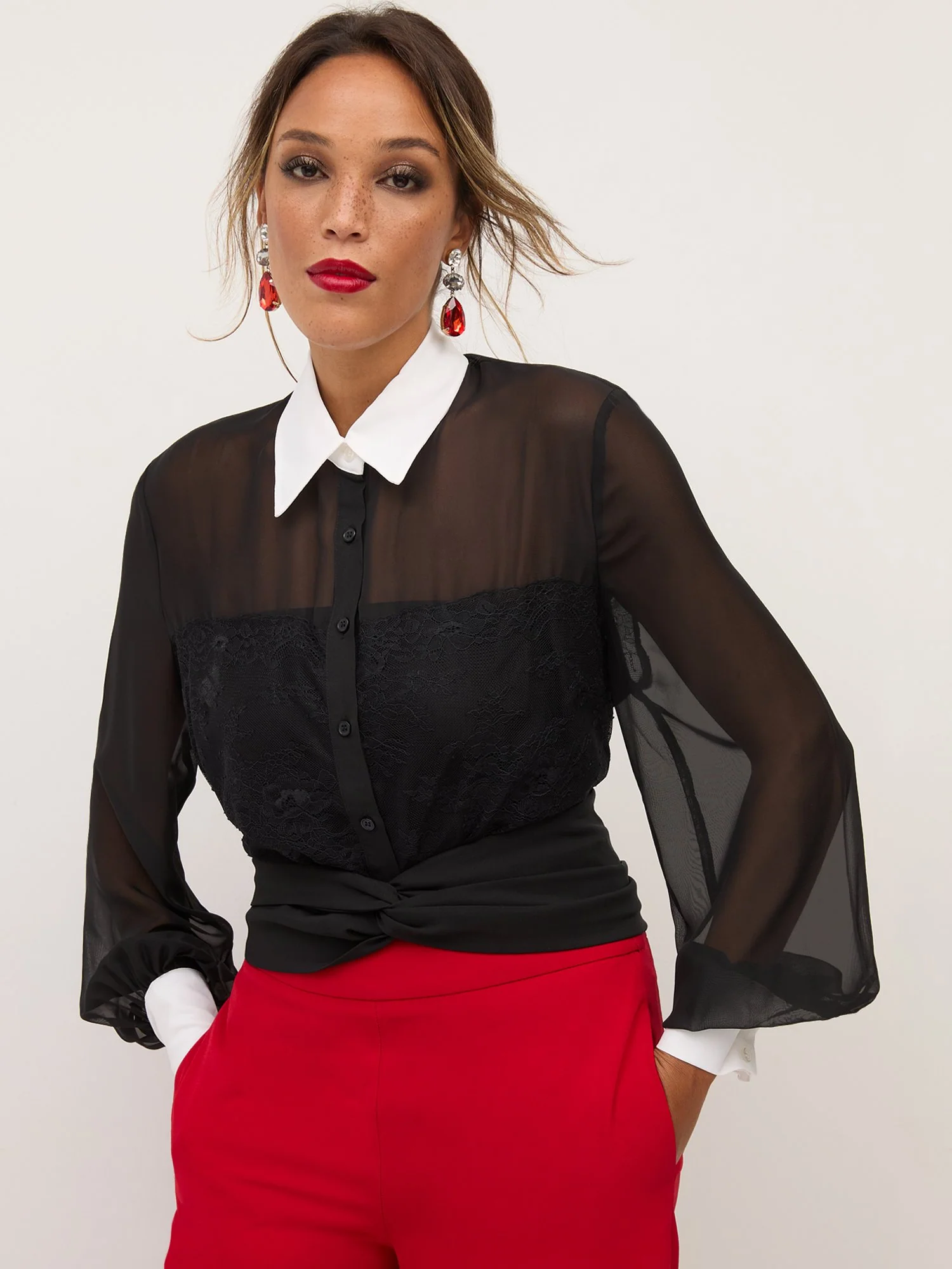Contrast-Collar Mesh Button-Front Top - Image 2