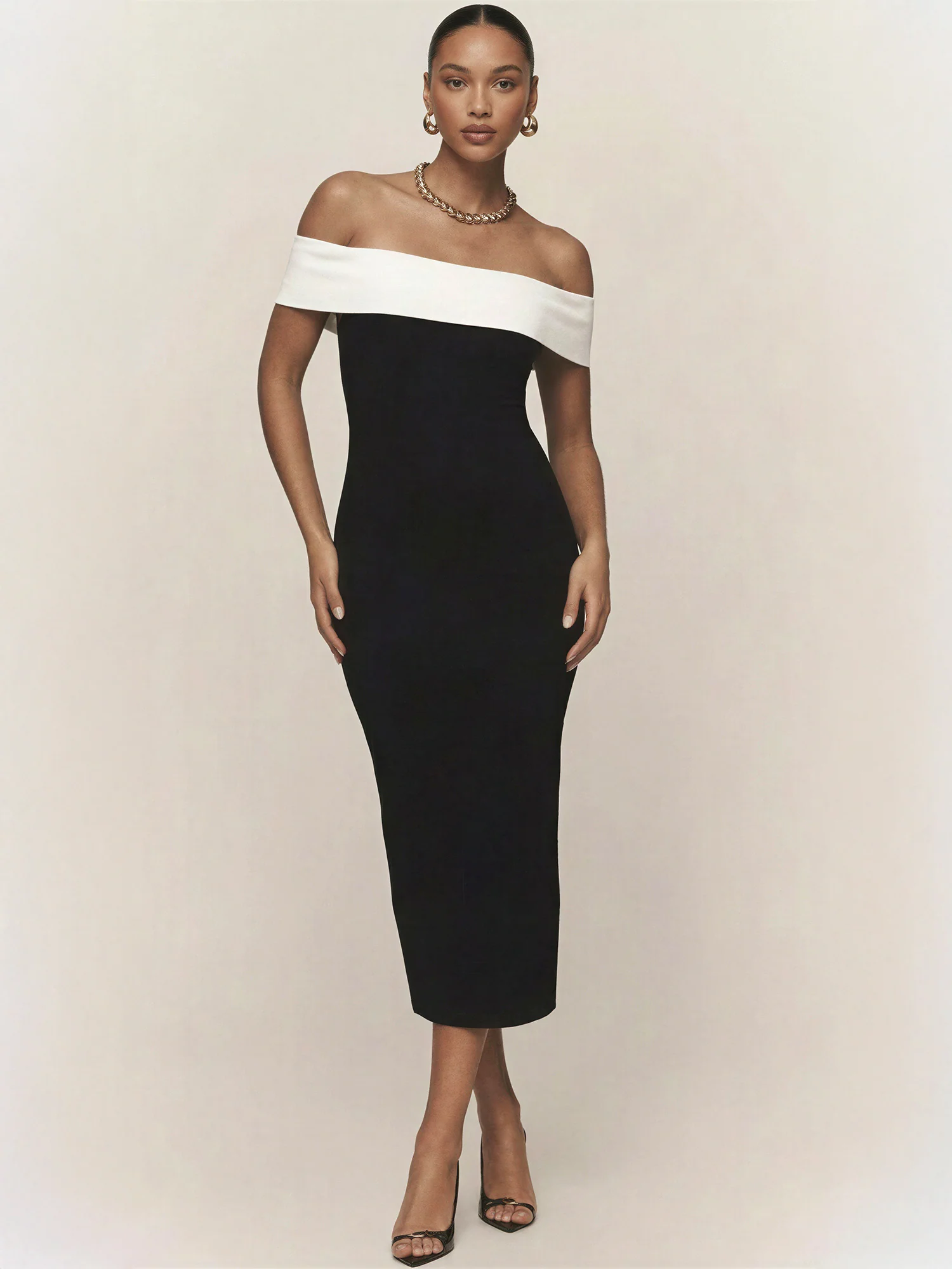 Contrast Off The Shoulder Bodycon Midi Dress