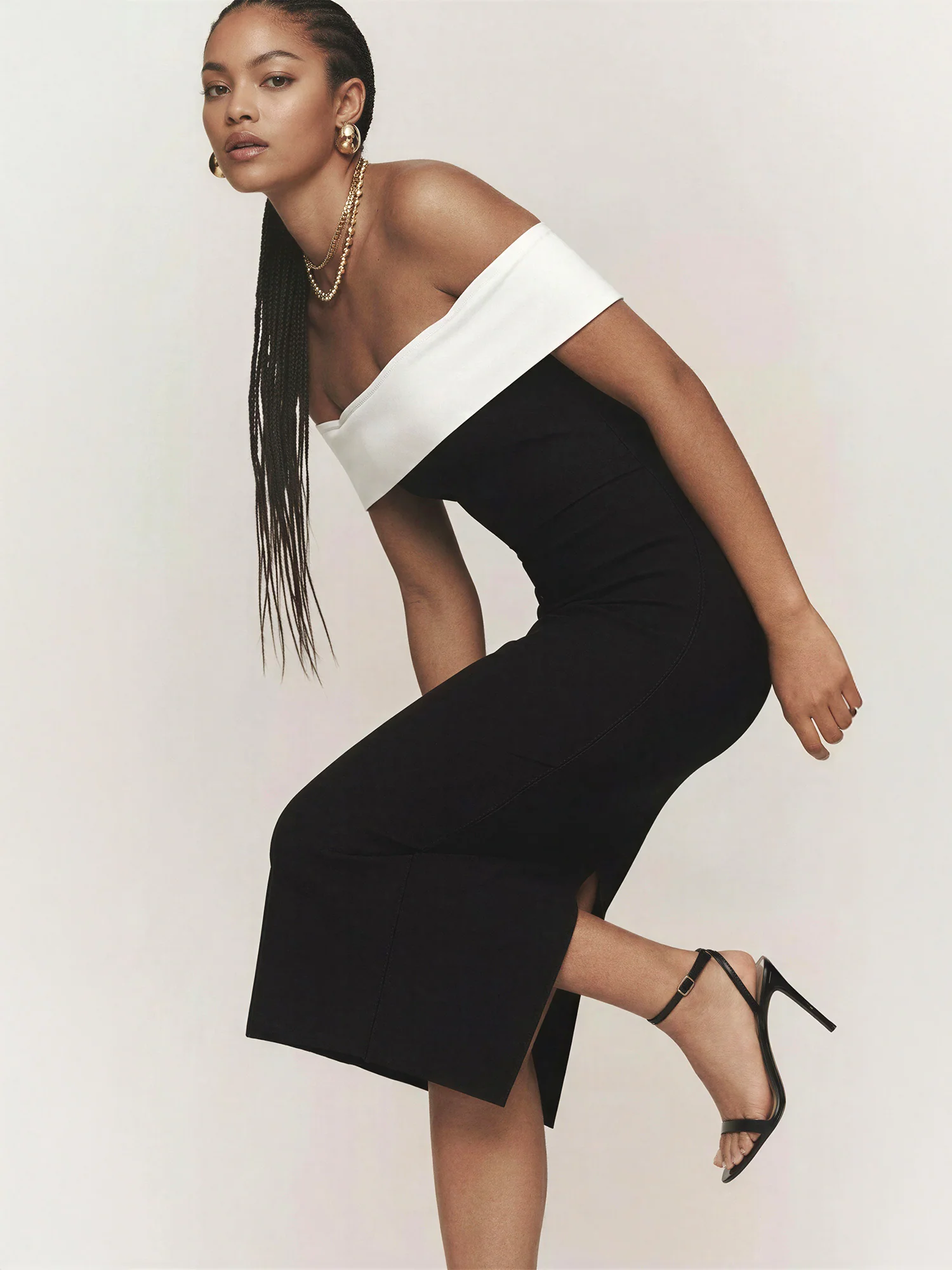 Contrast Off The Shoulder Bodycon Midi Dress - Image 2