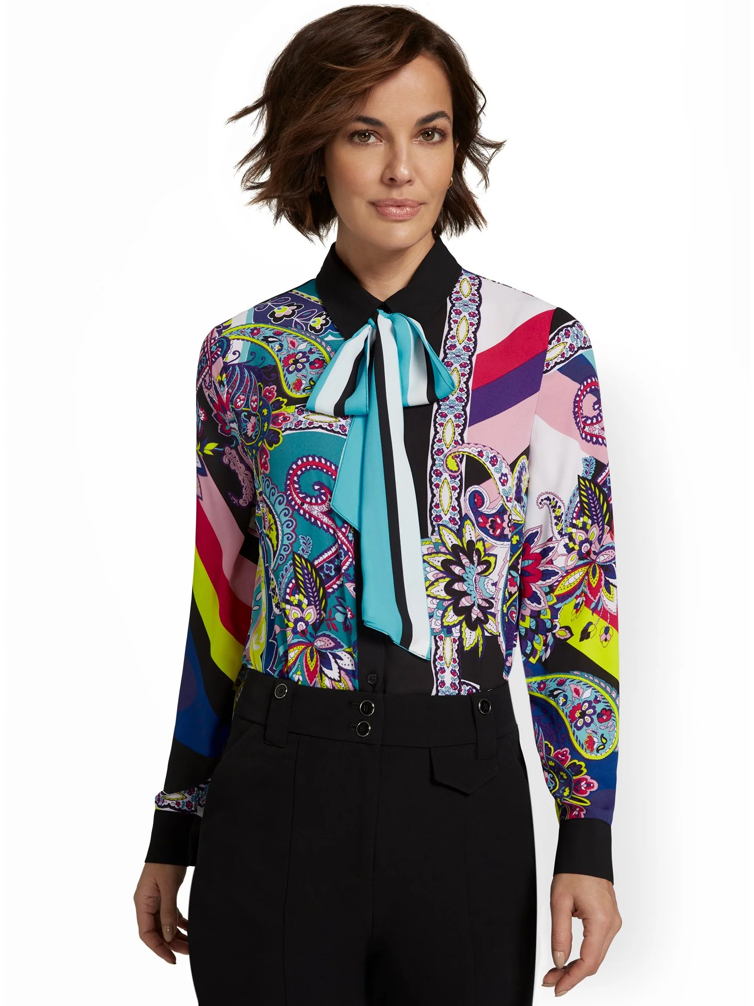 Contrast Printed Bow Blouse