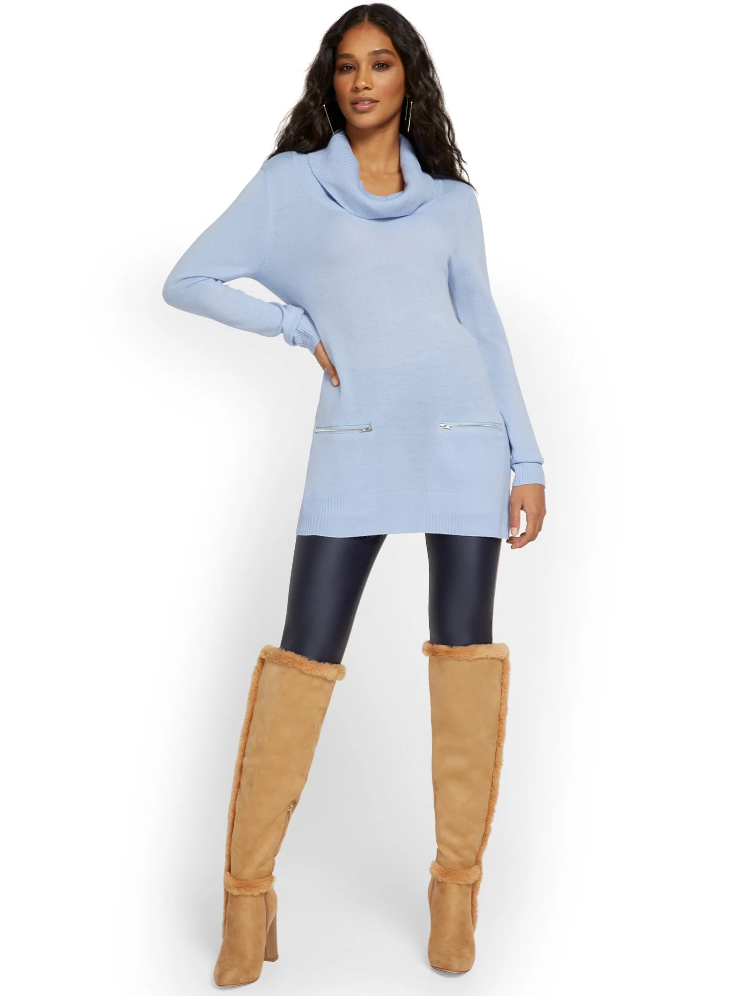 Cowl-Neck Zip-Pocket Tunic Sweater - Image 14