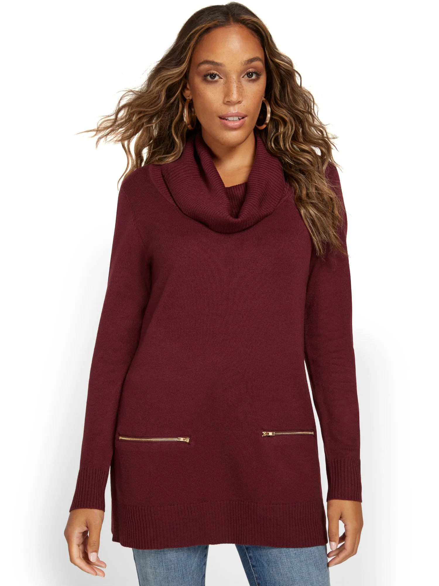 Cowl-Neck Zip-Pocket Tunic Sweater - Image 5