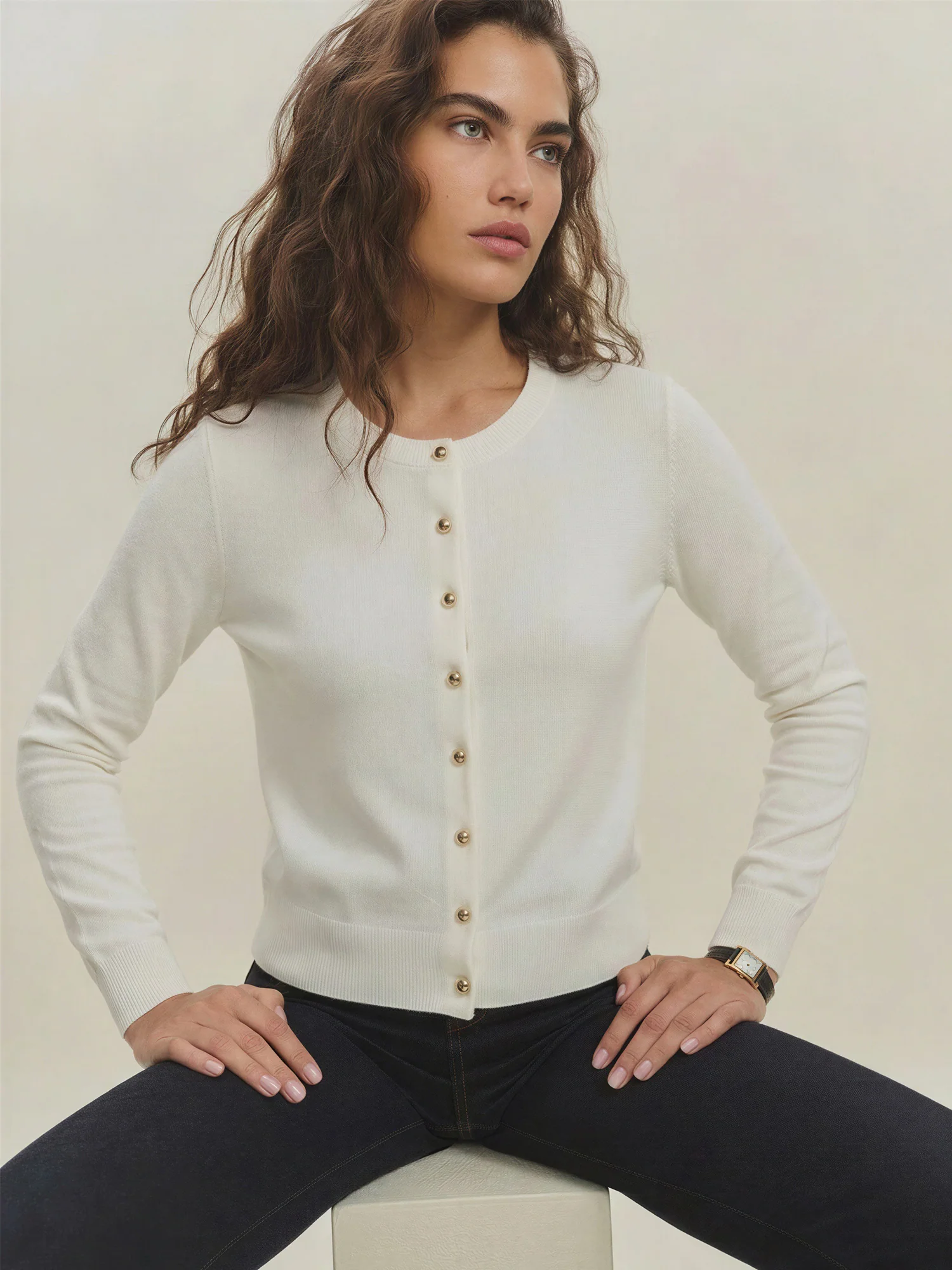 Crew Neck Button Down Cardigan