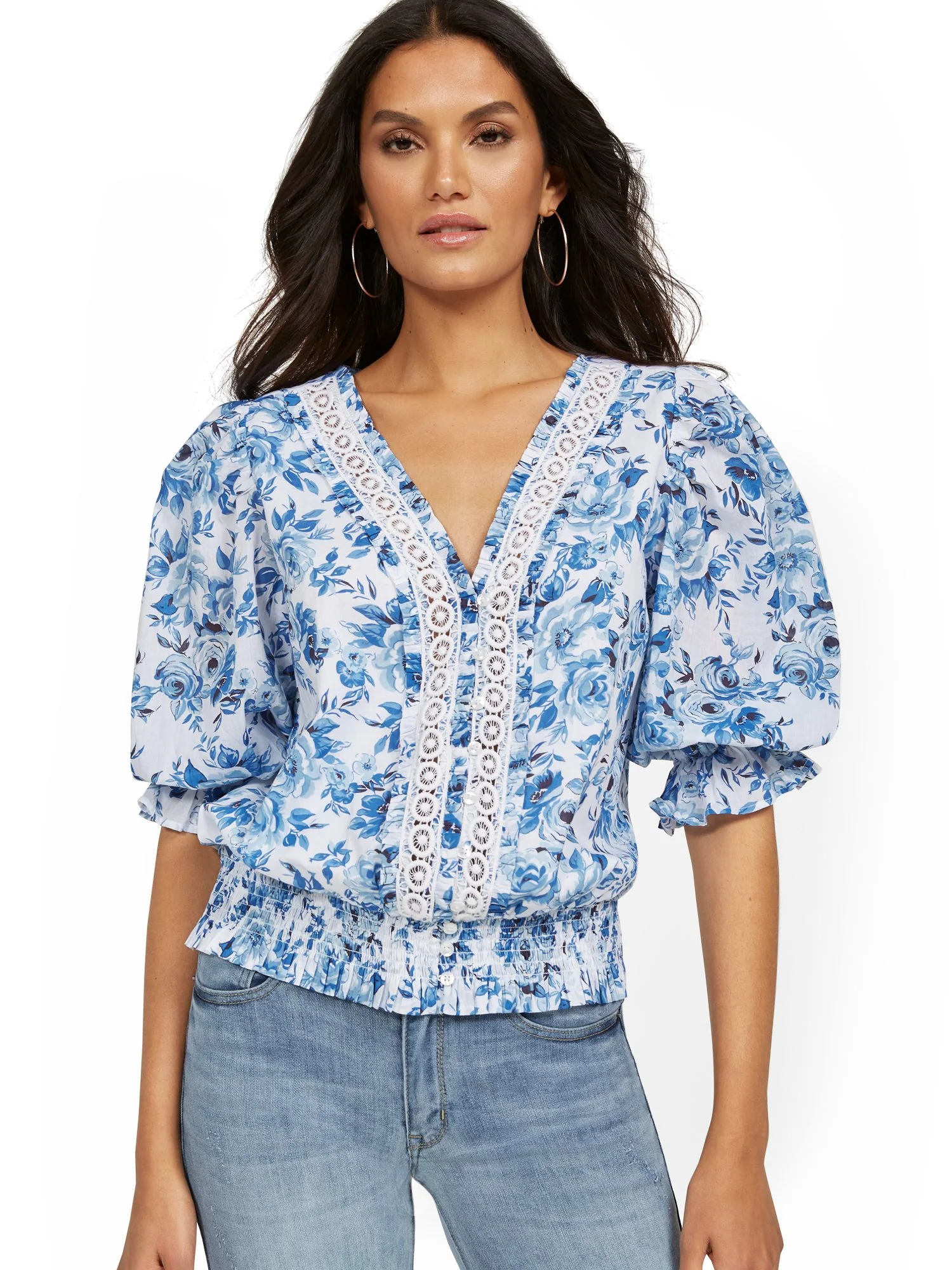 Crochet Inset V-Neck Smocked Puff-Sleeve Blouse - Image 2