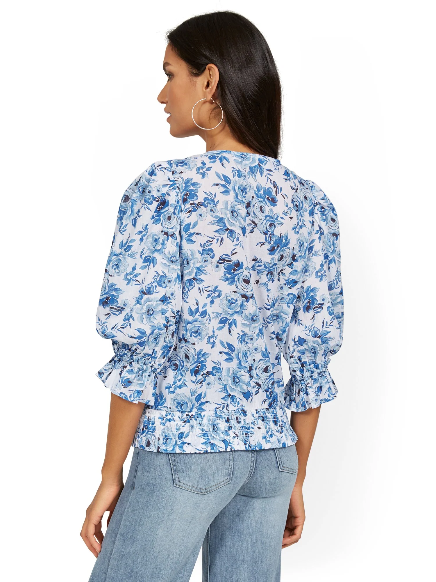 Crochet Inset V-Neck Smocked Puff-Sleeve Blouse - Image 3