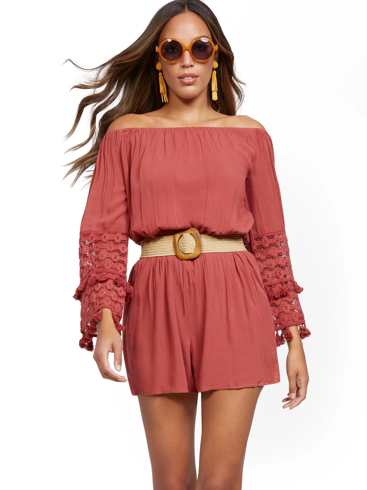 Crochet-Sleeve Off-The-Shoulder Romper - Image 2