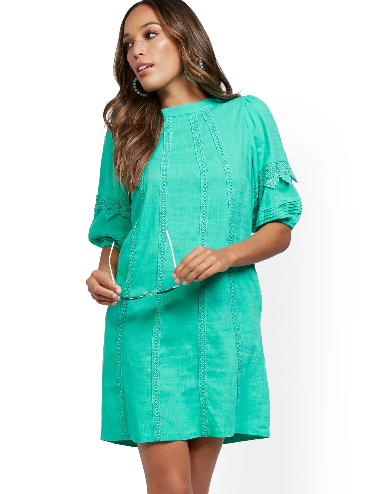 Crochet-Trim Puff-Sleeve Linen Blend Dress - Image 2
