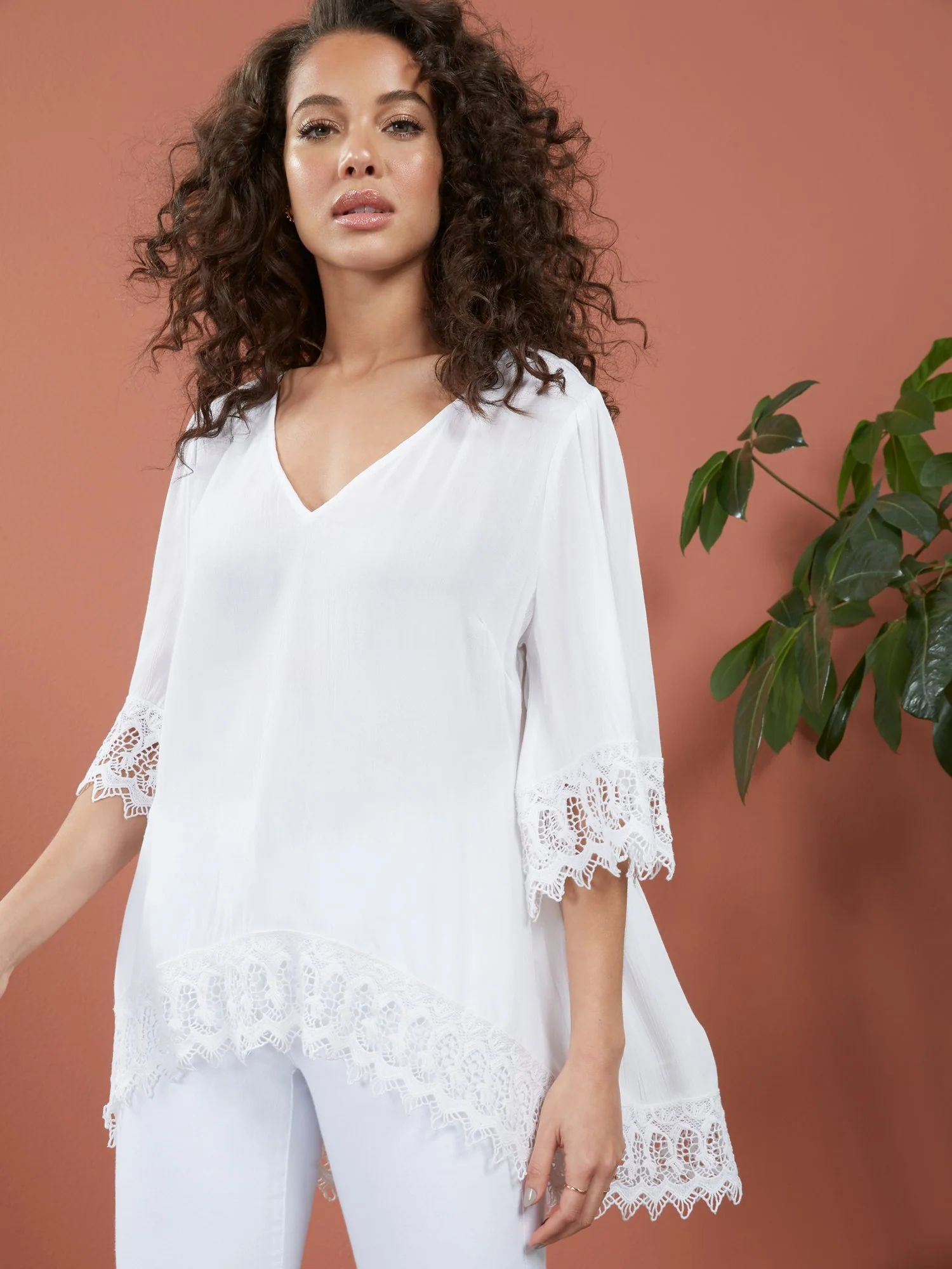 Crochet-Trim V-Neck Tunic Top - Lily & Cali - Image 2