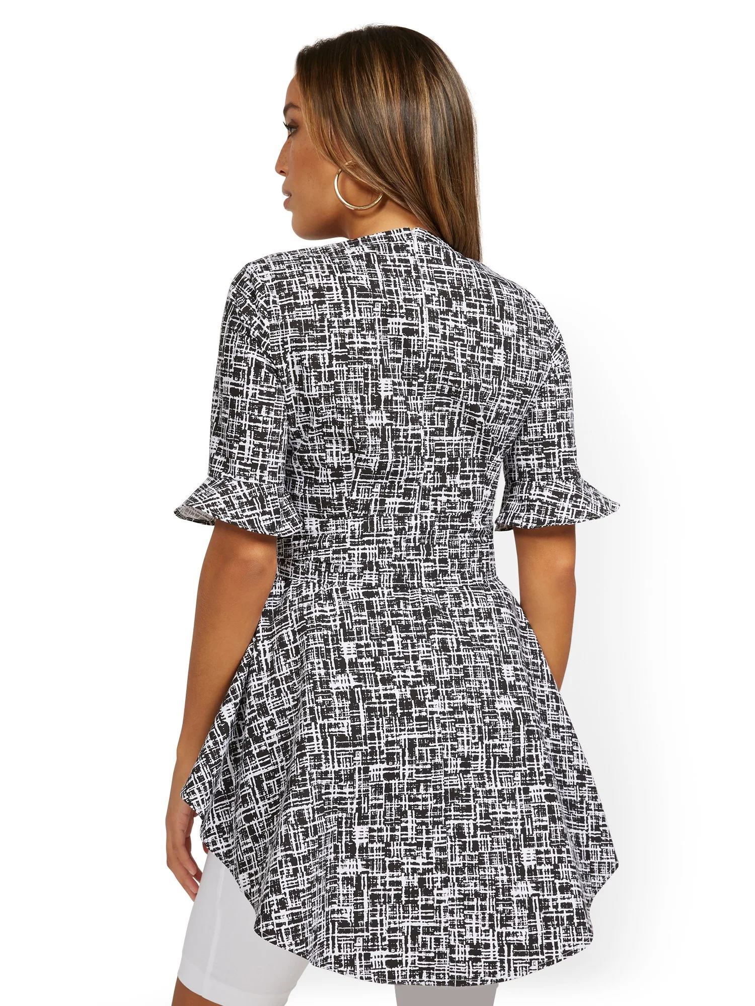 Crosshatch Tie-Waist Elbow-Sleeve High-Low Poplin Top - Image 3