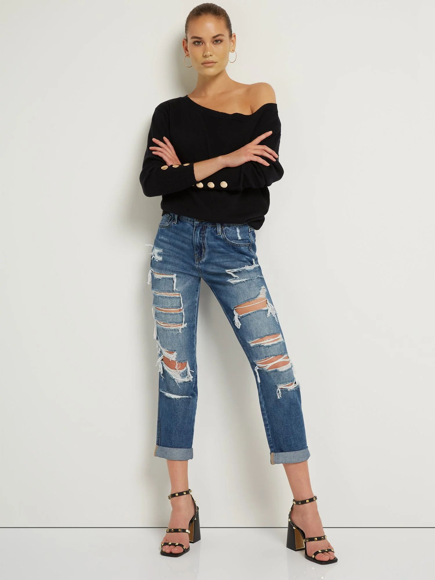 Curvy High Rise Destructed Boyfriend Jeans - Image 2