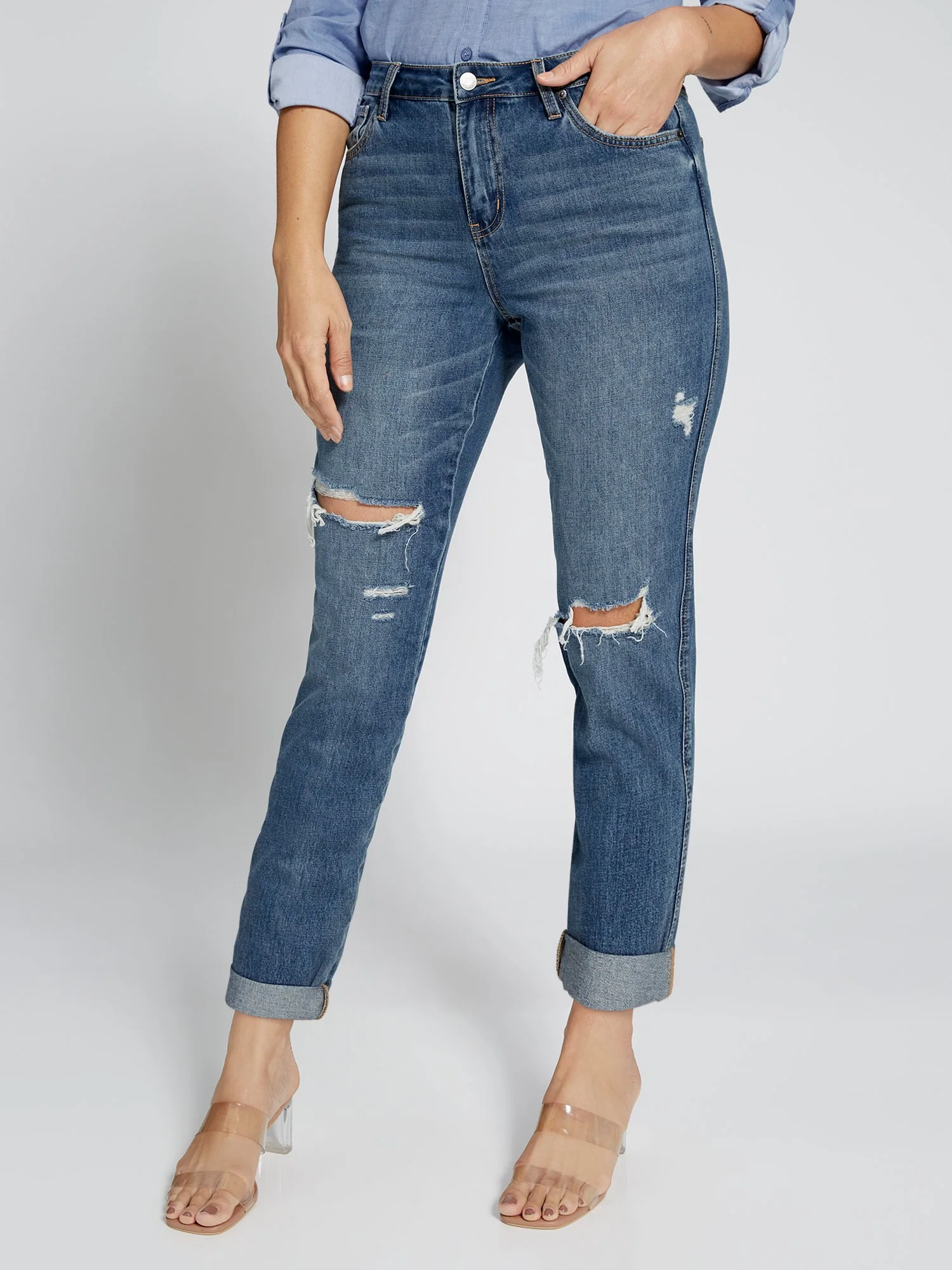 Curvy High-Waisted Boyfriend Jeans - Medium Wash - Image 4