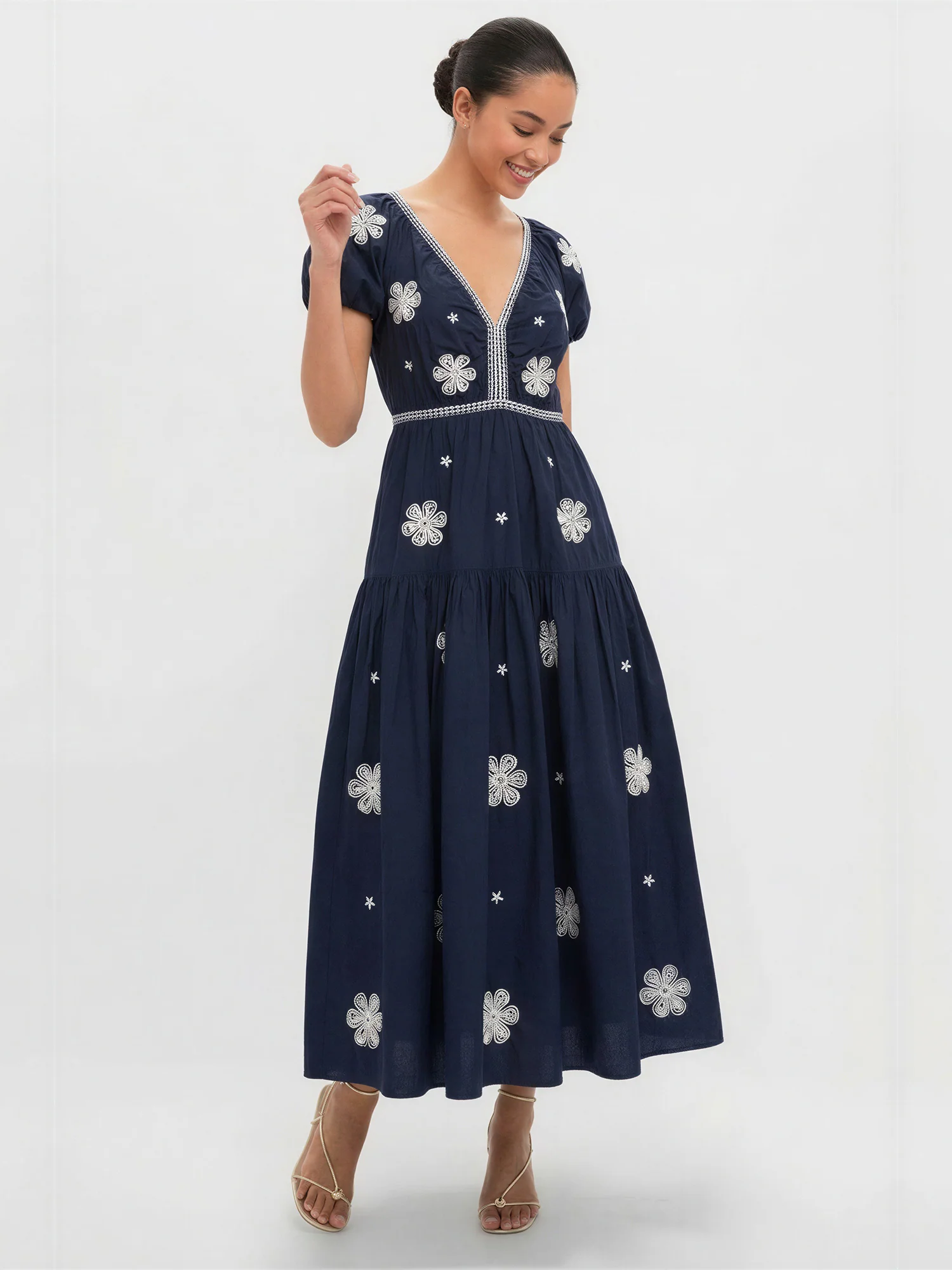 Decorative V-Neckline Floral Pattern Maxi Dress