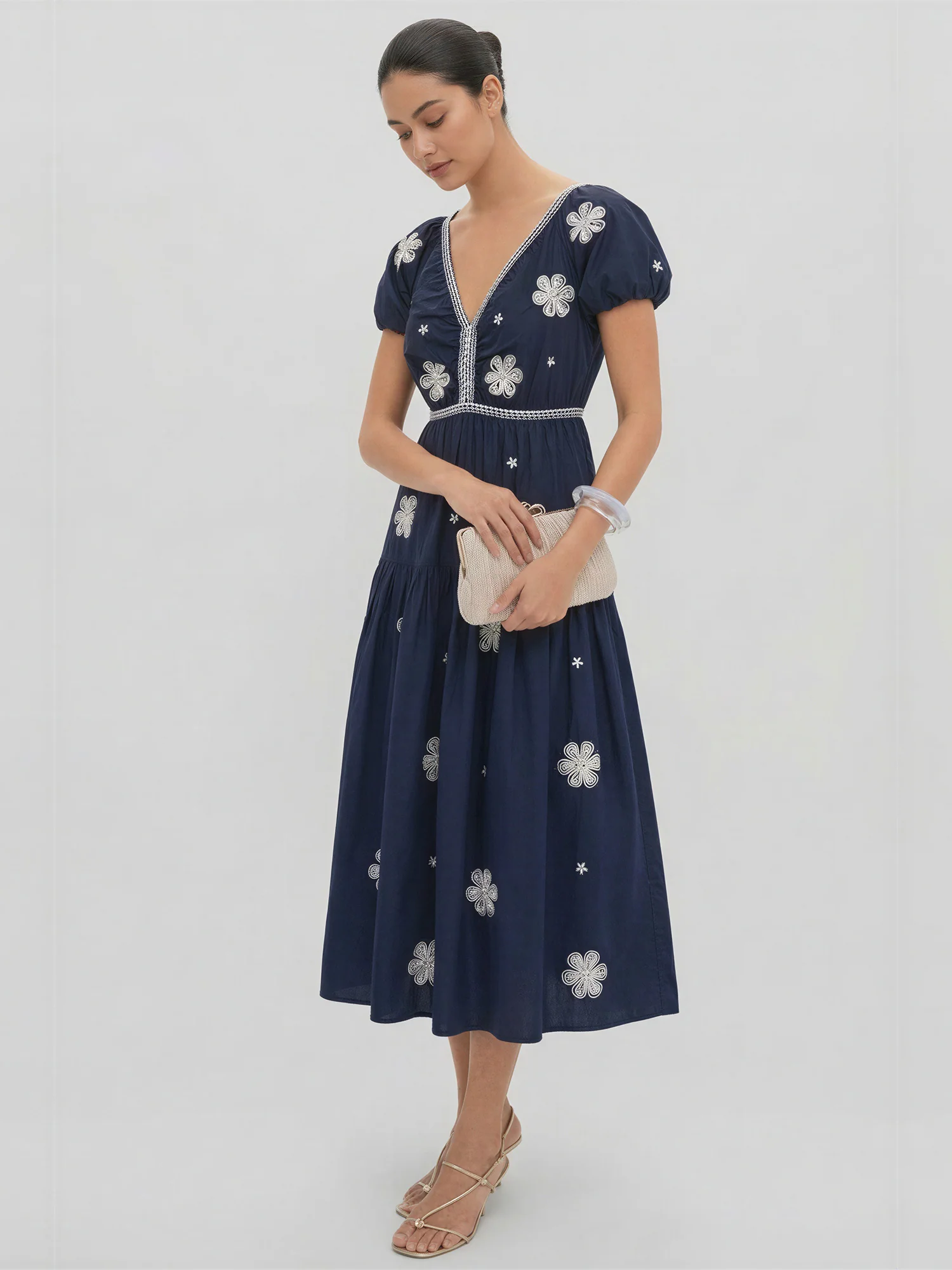 Decorative V-Neckline Floral Pattern Maxi Dress - Image 3