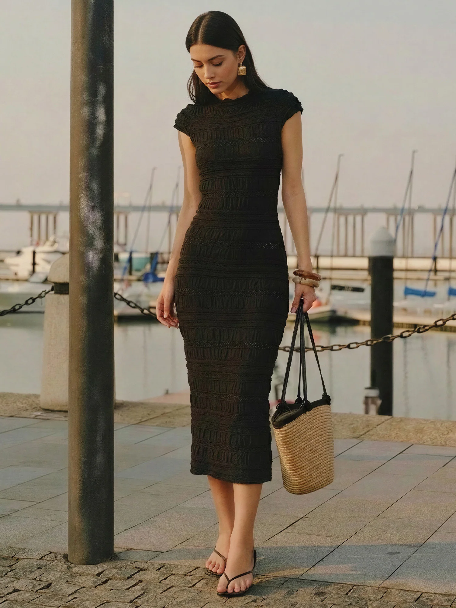 Delicate Ruffled Cap Sleeves Textured Knit Bodycon Dress