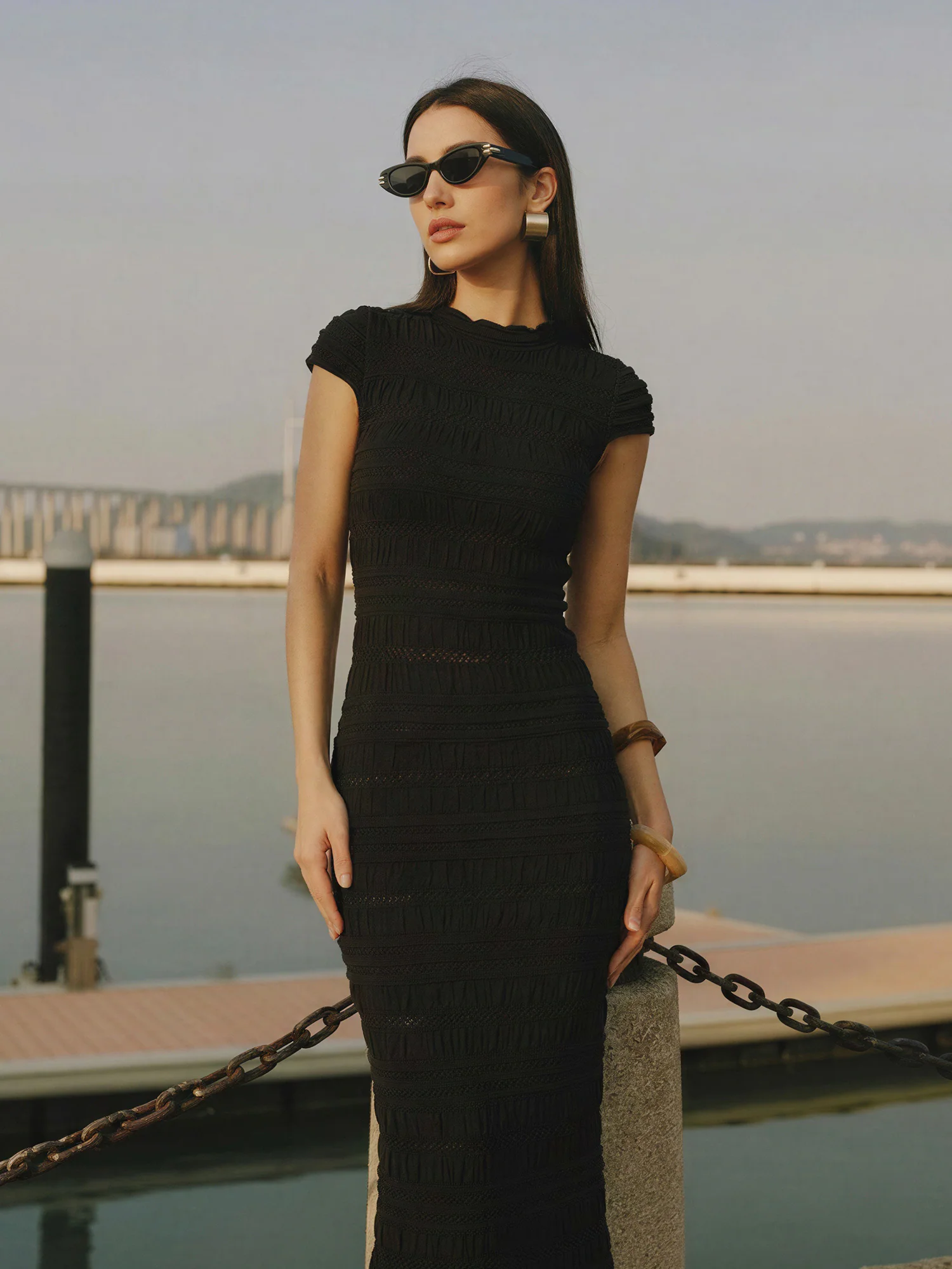 Delicate Ruffled Cap Sleeves Textured Knit Bodycon Dress - Image 3
