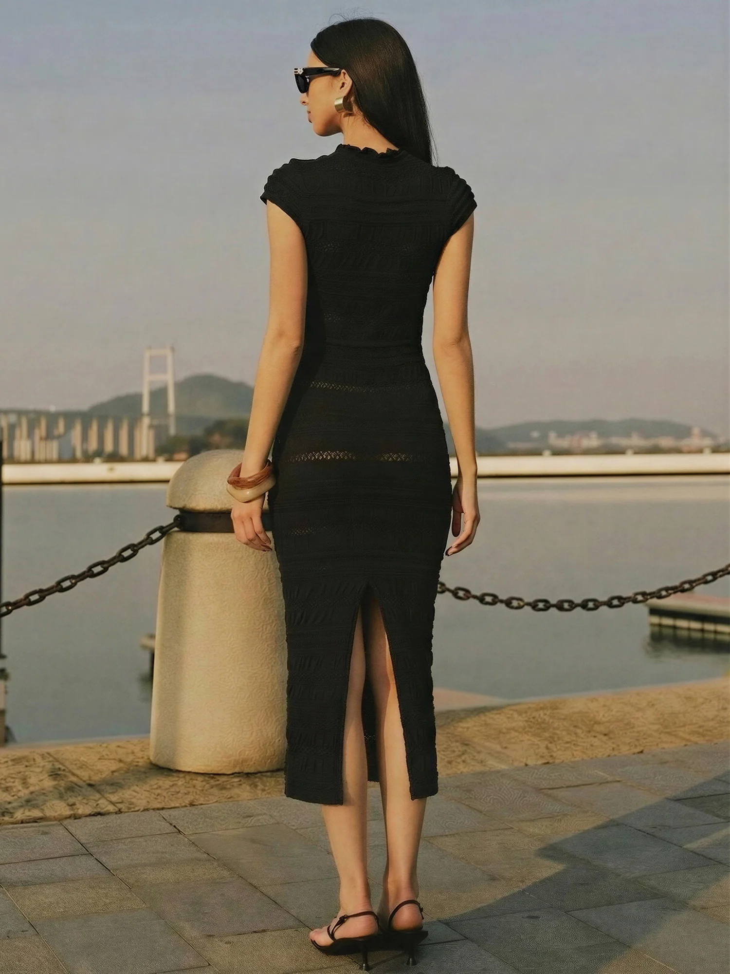 Delicate Ruffled Cap Sleeves Textured Knit Bodycon Dress - Image 4