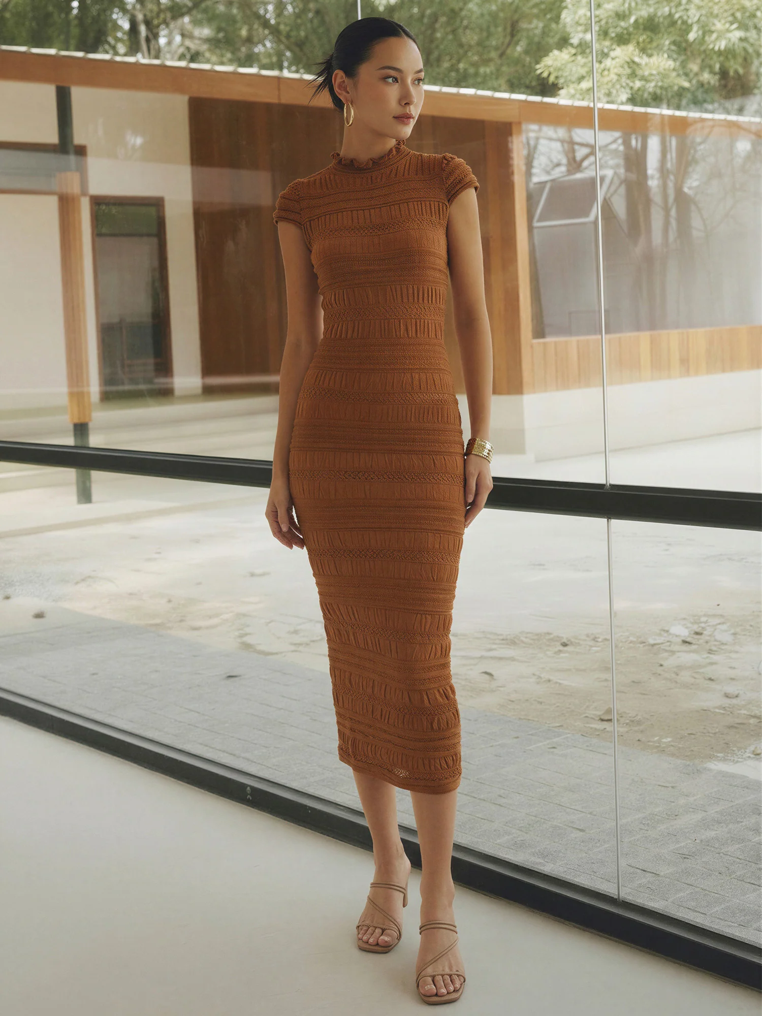 Delicate Ruffled Cap Sleeves Textured Knit Bodycon Dress - Image 6