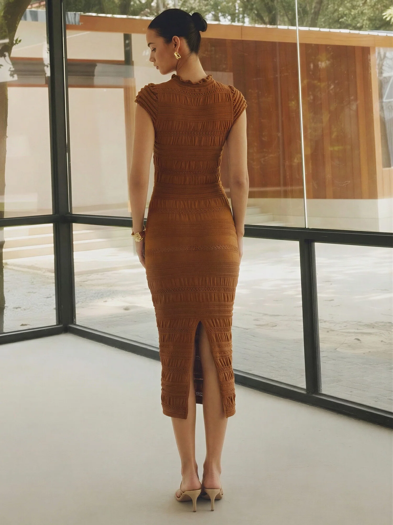 Delicate Ruffled Cap Sleeves Textured Knit Bodycon Dress - Image 8