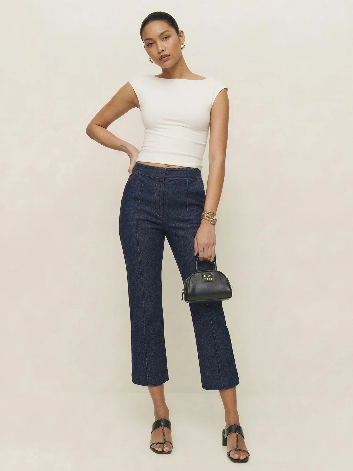 Denim Pin Tuck Front Ankle Flare Pants