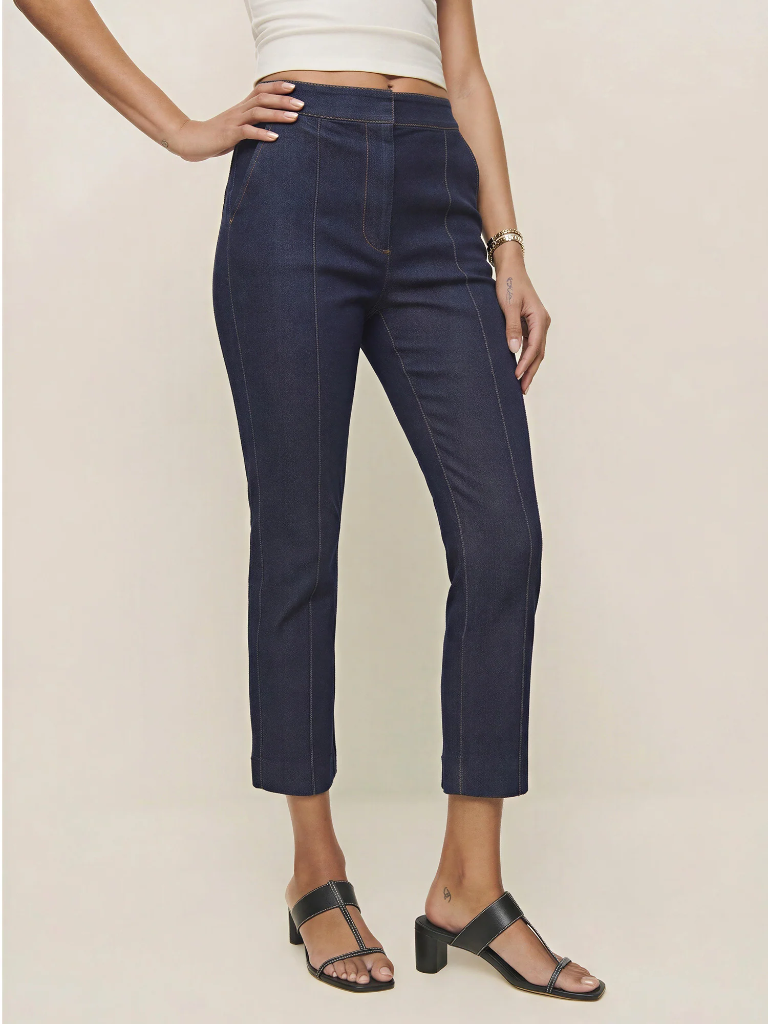 Denim Pin Tuck Front Ankle Flare Pants - Image 3
